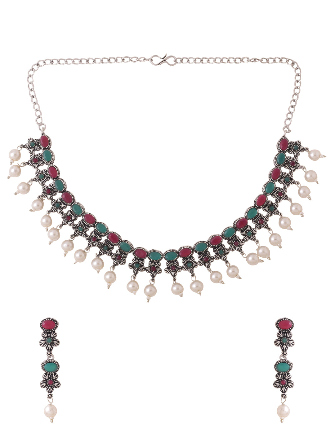 Women's Silver-Plated Stone Studded Oxidised Silver Jewellery Set - NVR