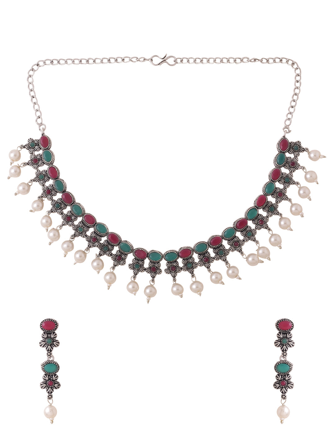Women's Silver-Plated Stone Studded Oxidised Silver Jewellery Set