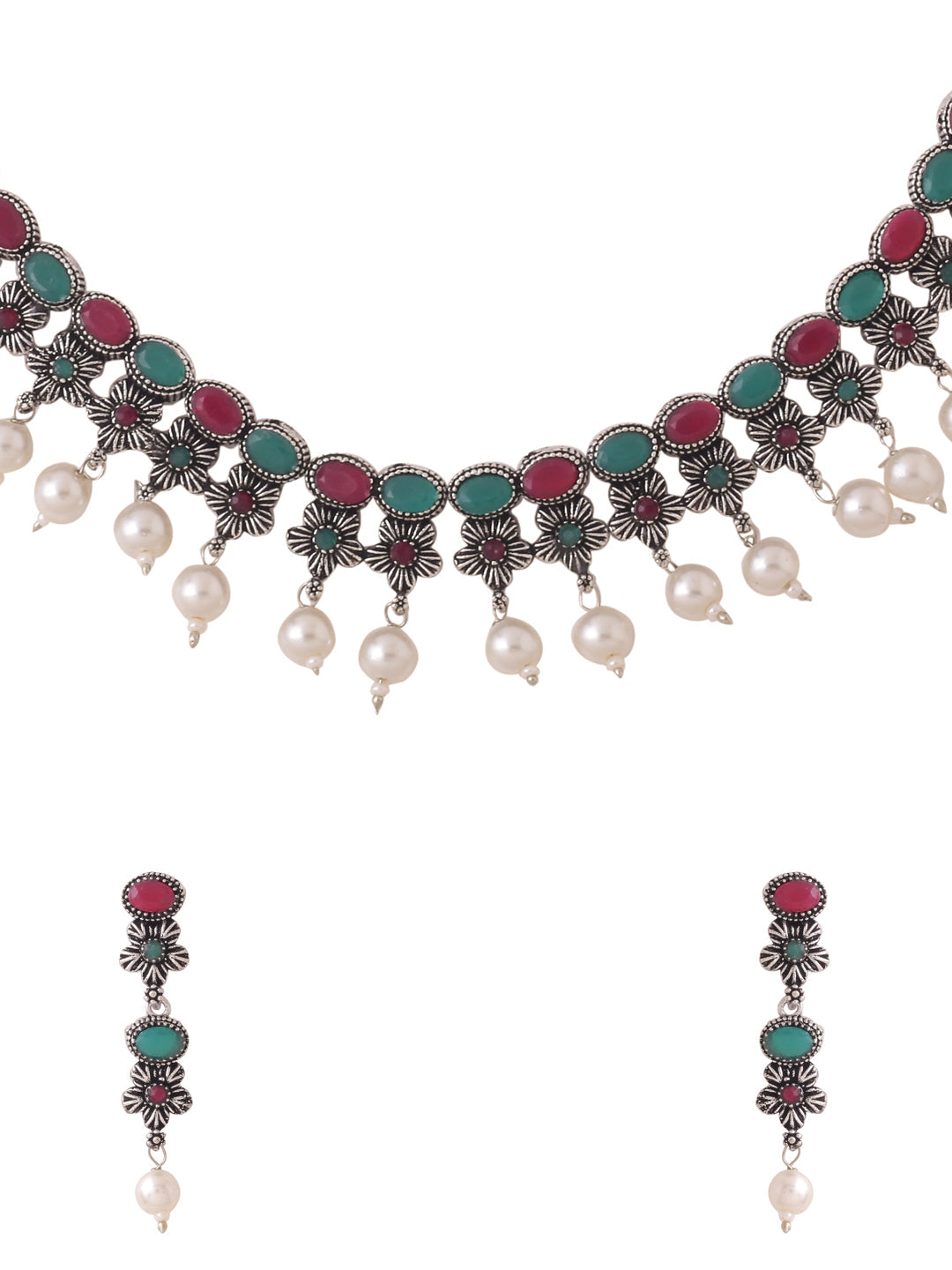 Women's Silver-Plated Stone Studded Oxidised Silver Jewellery Set
