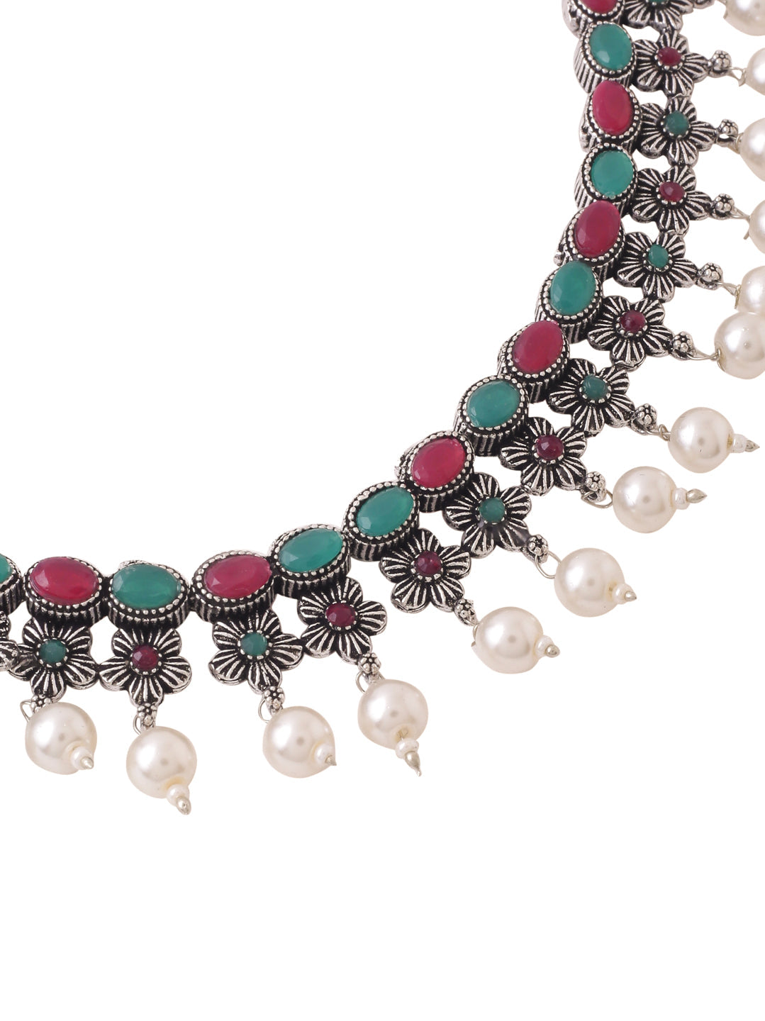 Women's Silver-Plated Stone Studded Oxidised Silver Jewellery Set