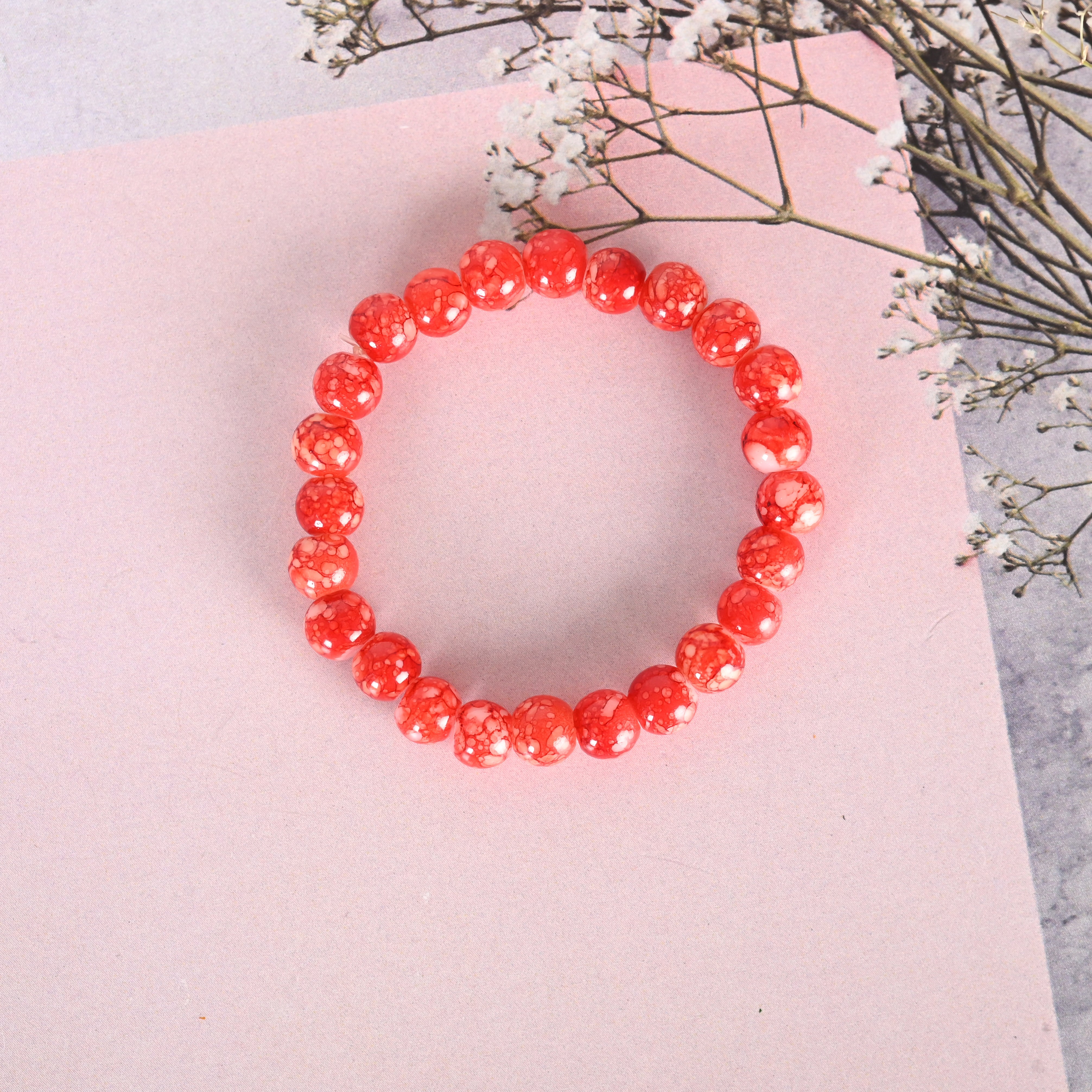 Unisex Red Marbel Crystal Elasticated Bracelet