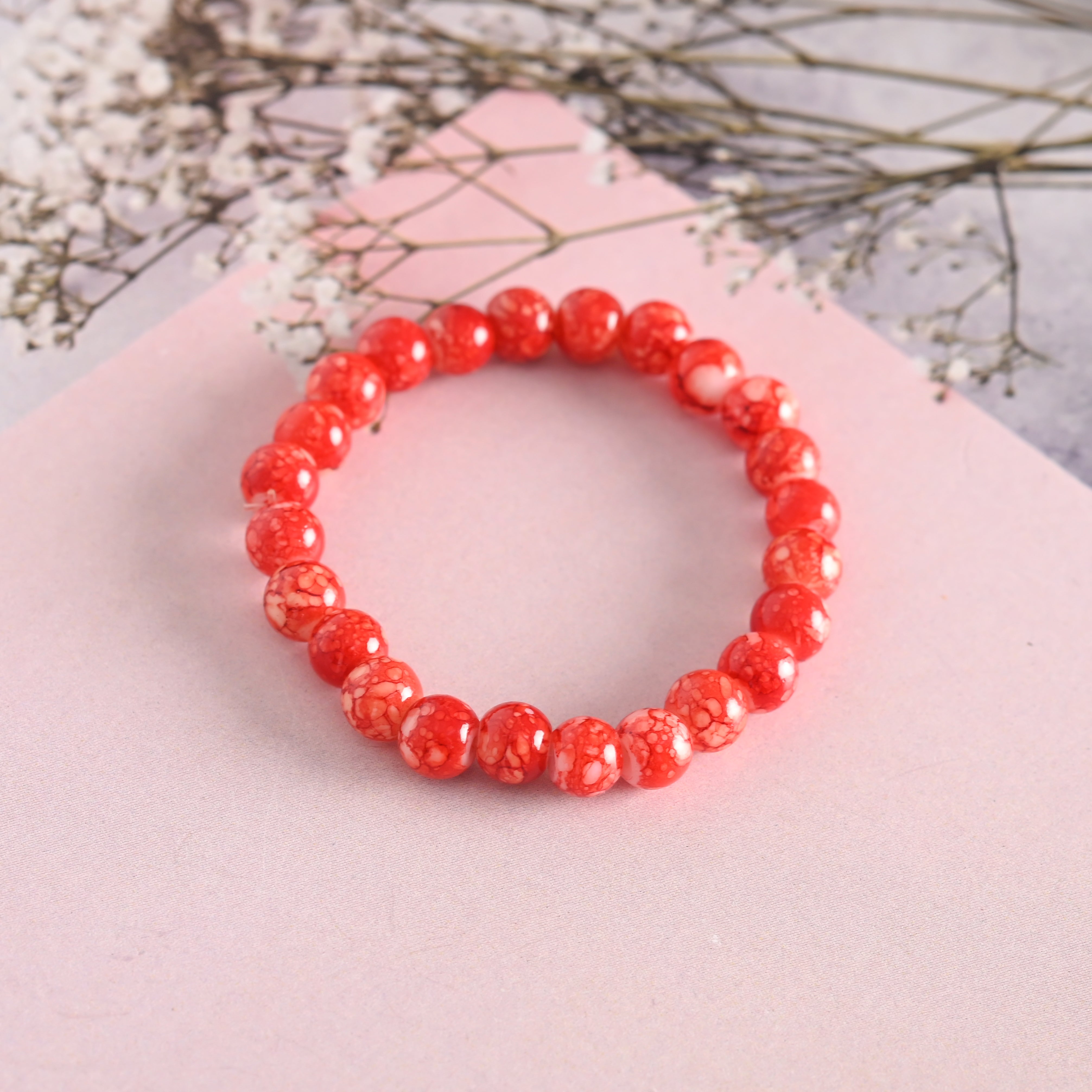 Unisex Red Marbel Crystal Elasticated Bracelet