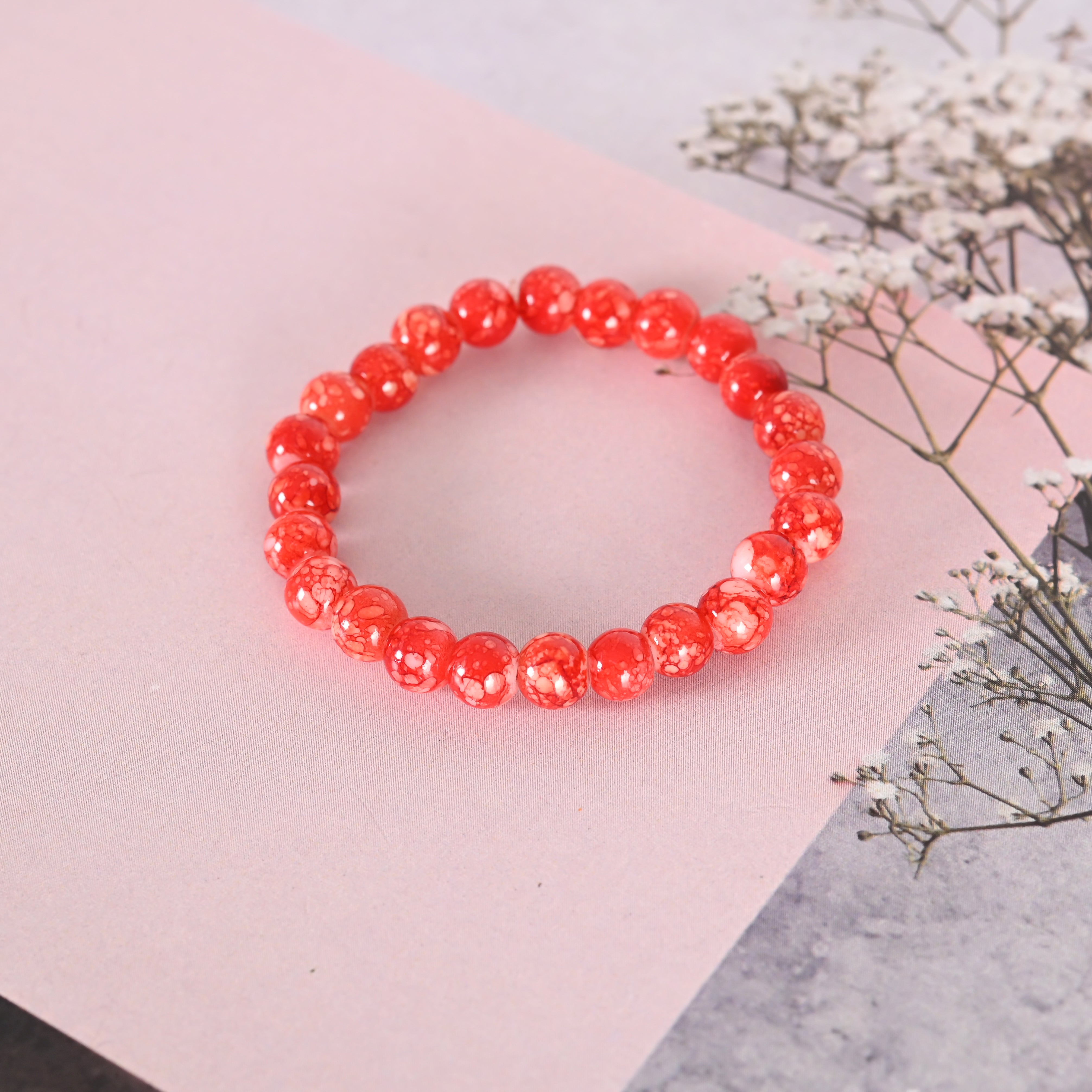 Unisex Red Marbel Crystal Elasticated Bracelet