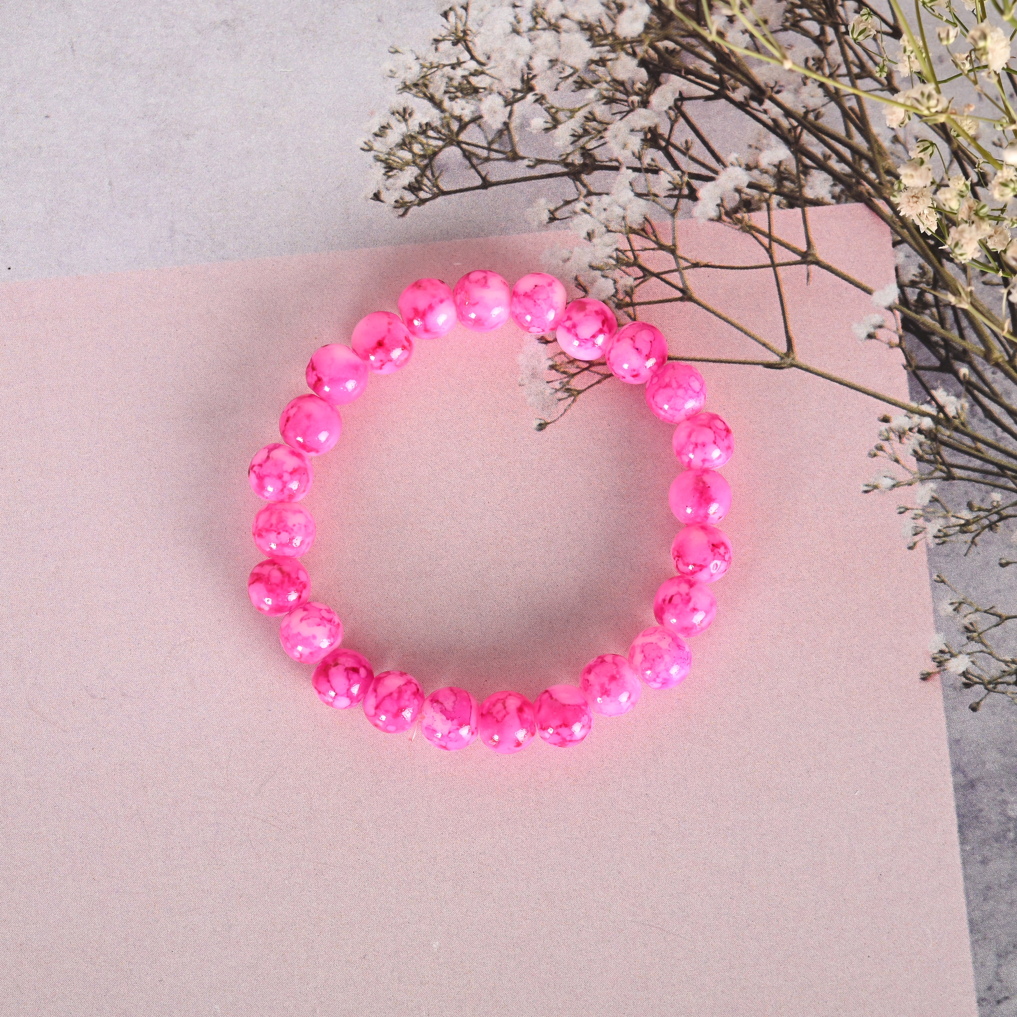 Unisex Pink Marble Crystal Beaded Elasticated Bracelet