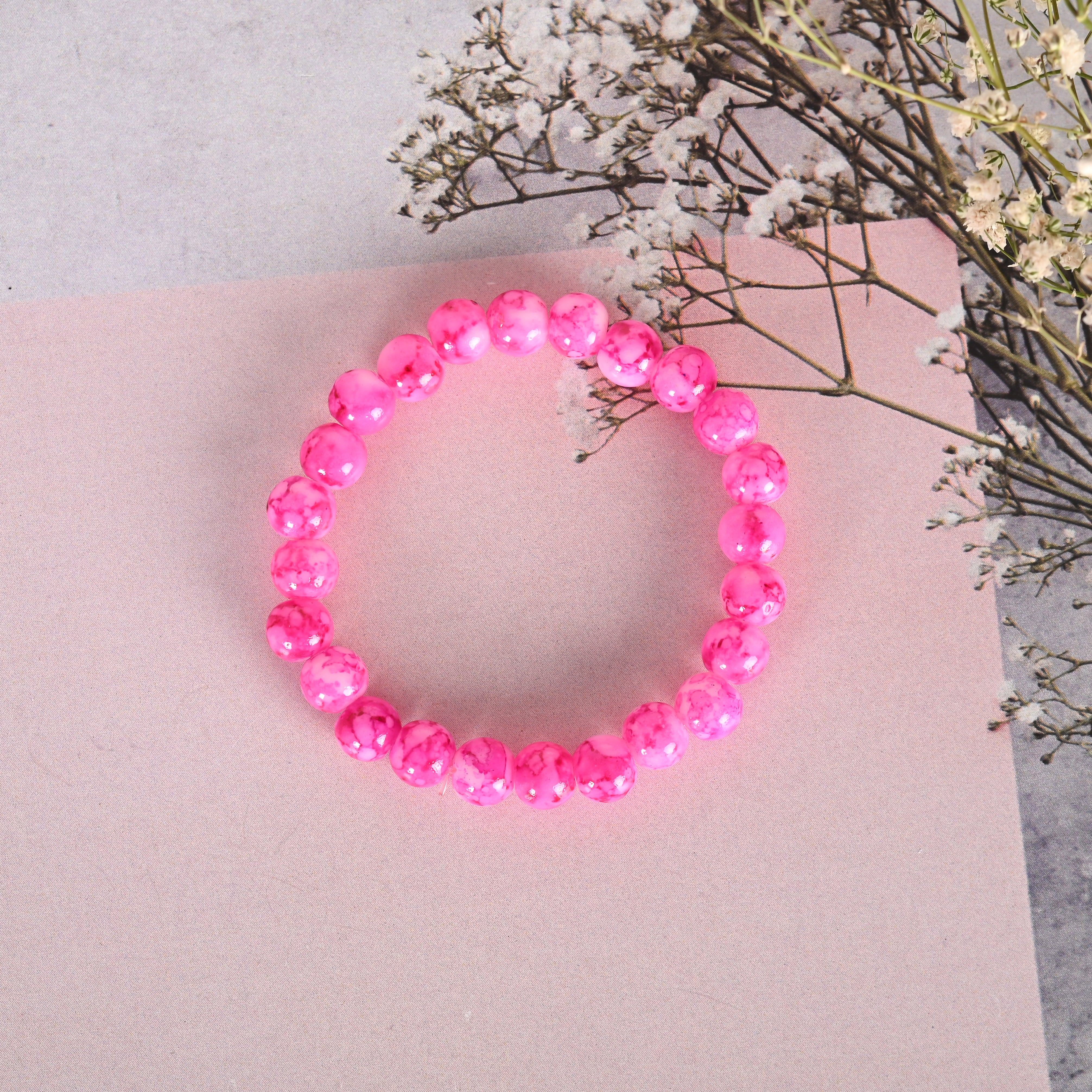 Unisex Pink Marble Crystal Beaded Elasticated Bracelet - NVR