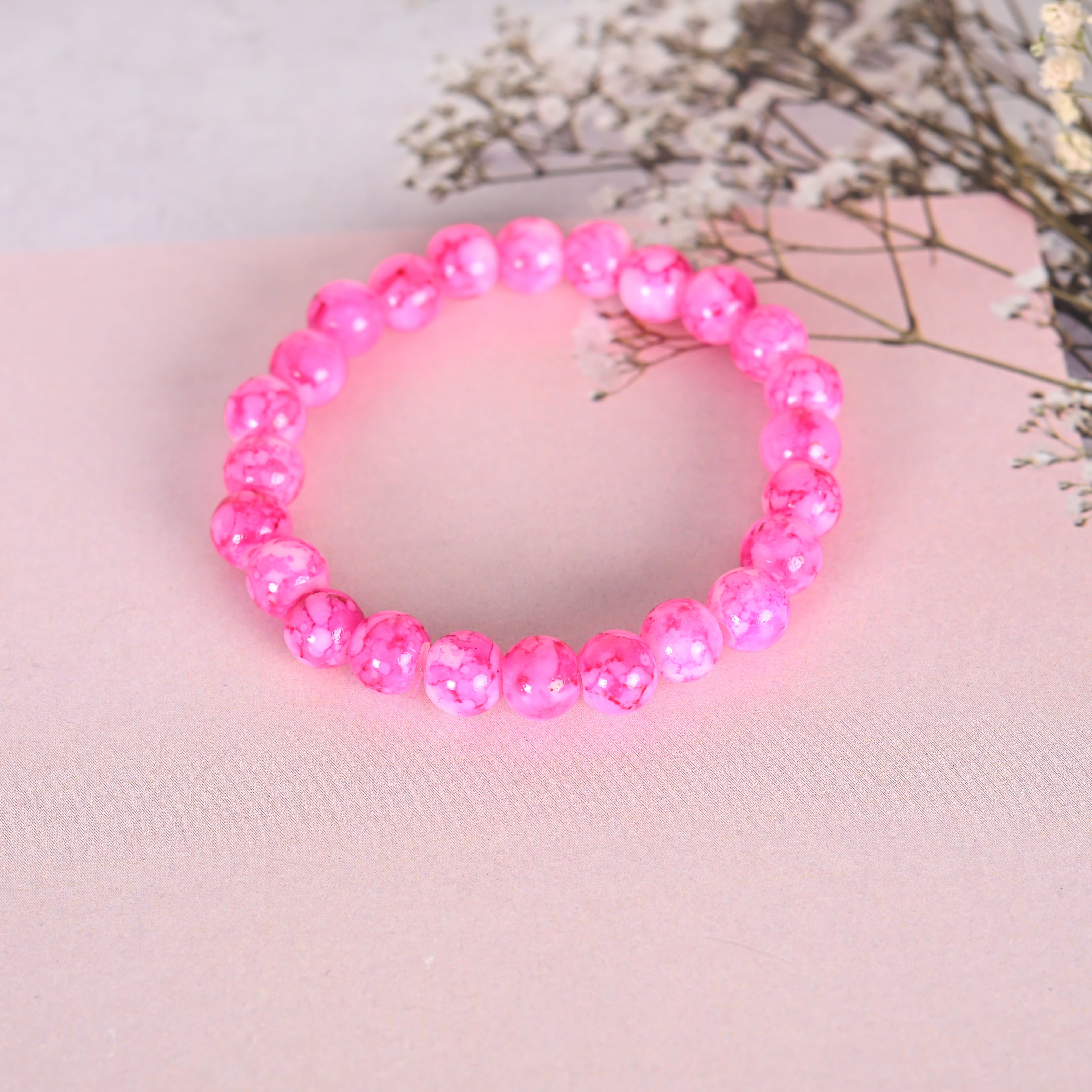 Unisex Pink Marble Crystal Beaded Elasticated Bracelet - NVR