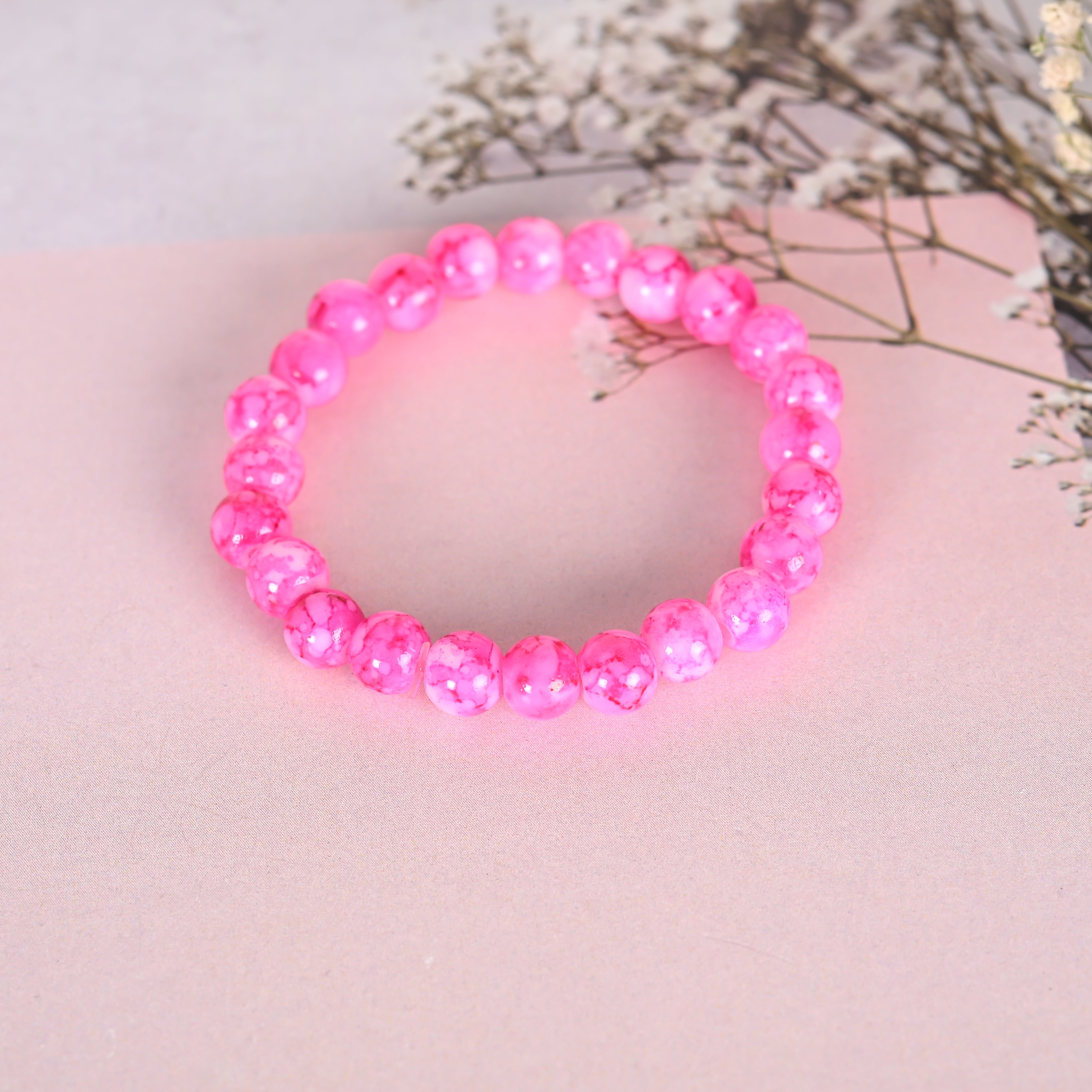 Unisex Pink Marble Crystal Beaded Elasticated Bracelet