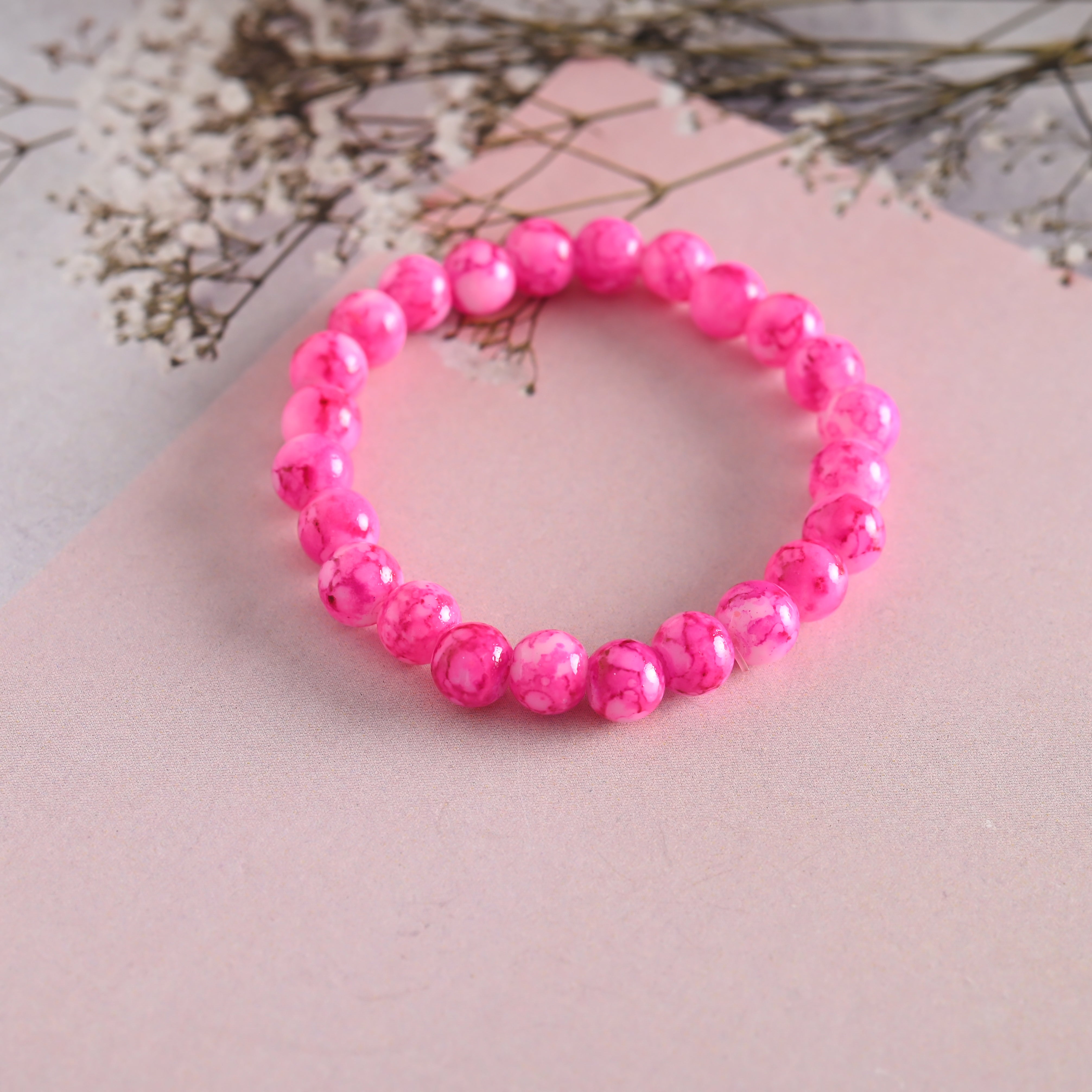 Unisex Pink Marble Crystal Beaded Elasticated Bracelet