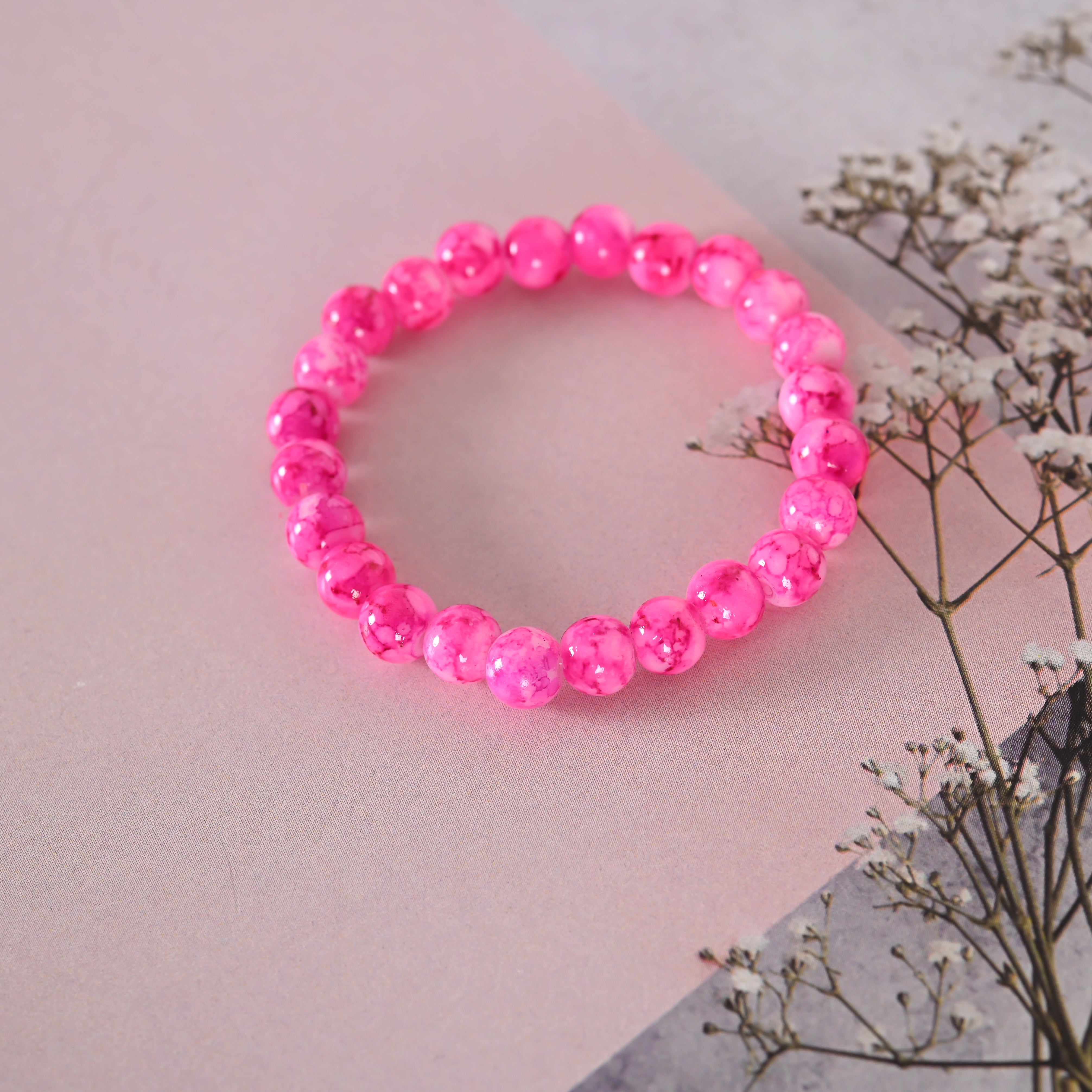 Unisex Pink Marble Crystal Beaded Elasticated Bracelet
