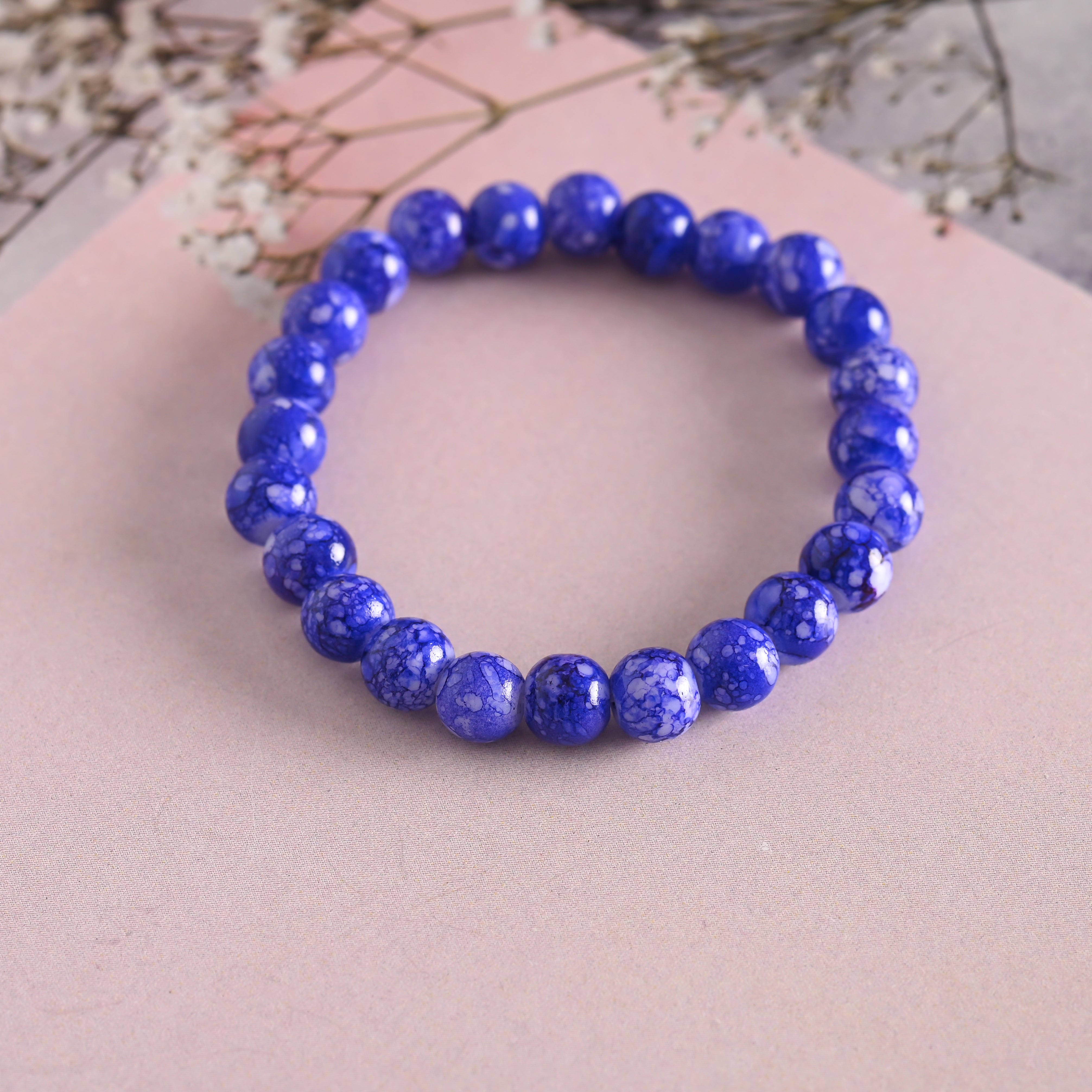 Unisex Blue Marbel Crystal Elasticated Bracelet