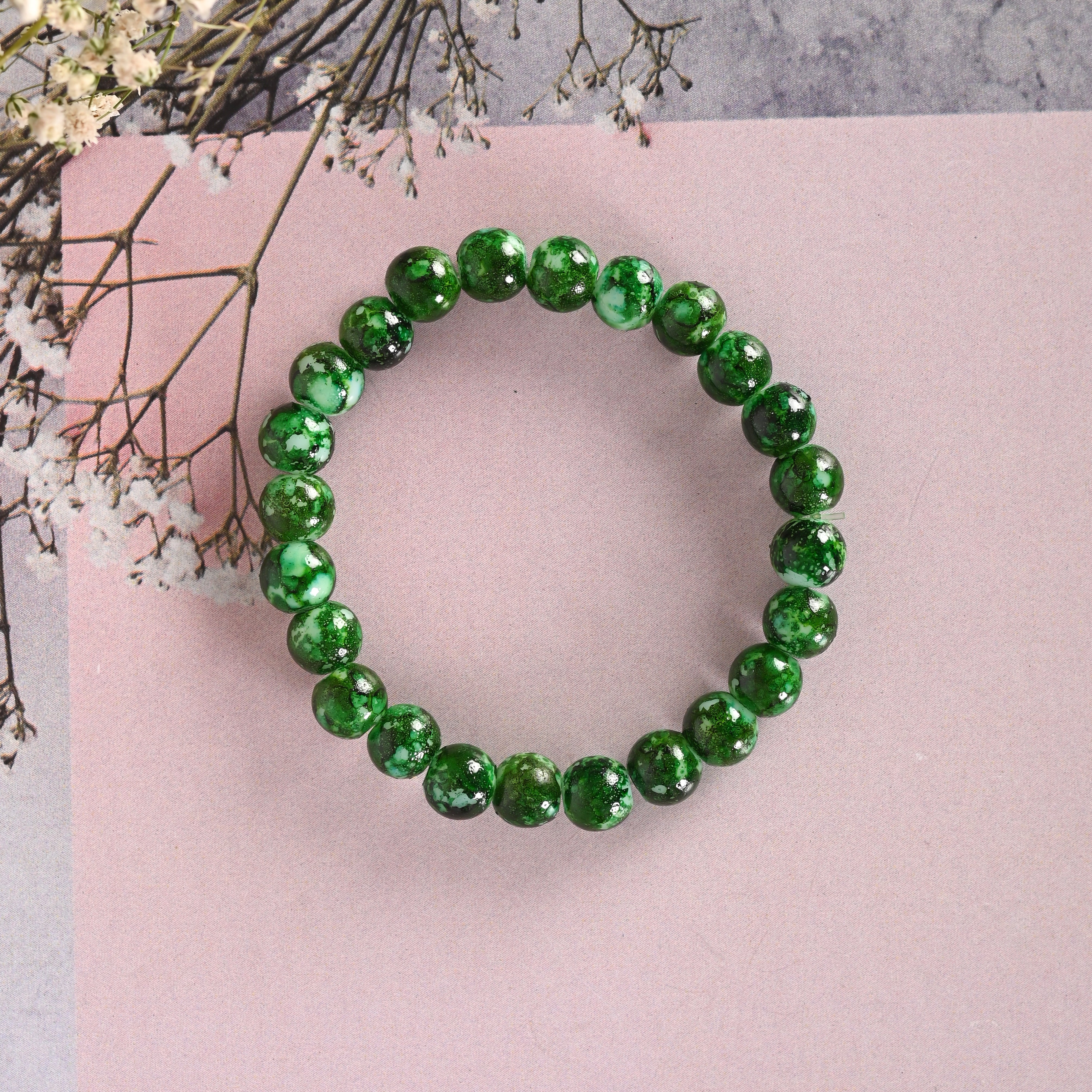 Unisex Green Marble Crystal Beaded Elasticated Bracelet - NVR
