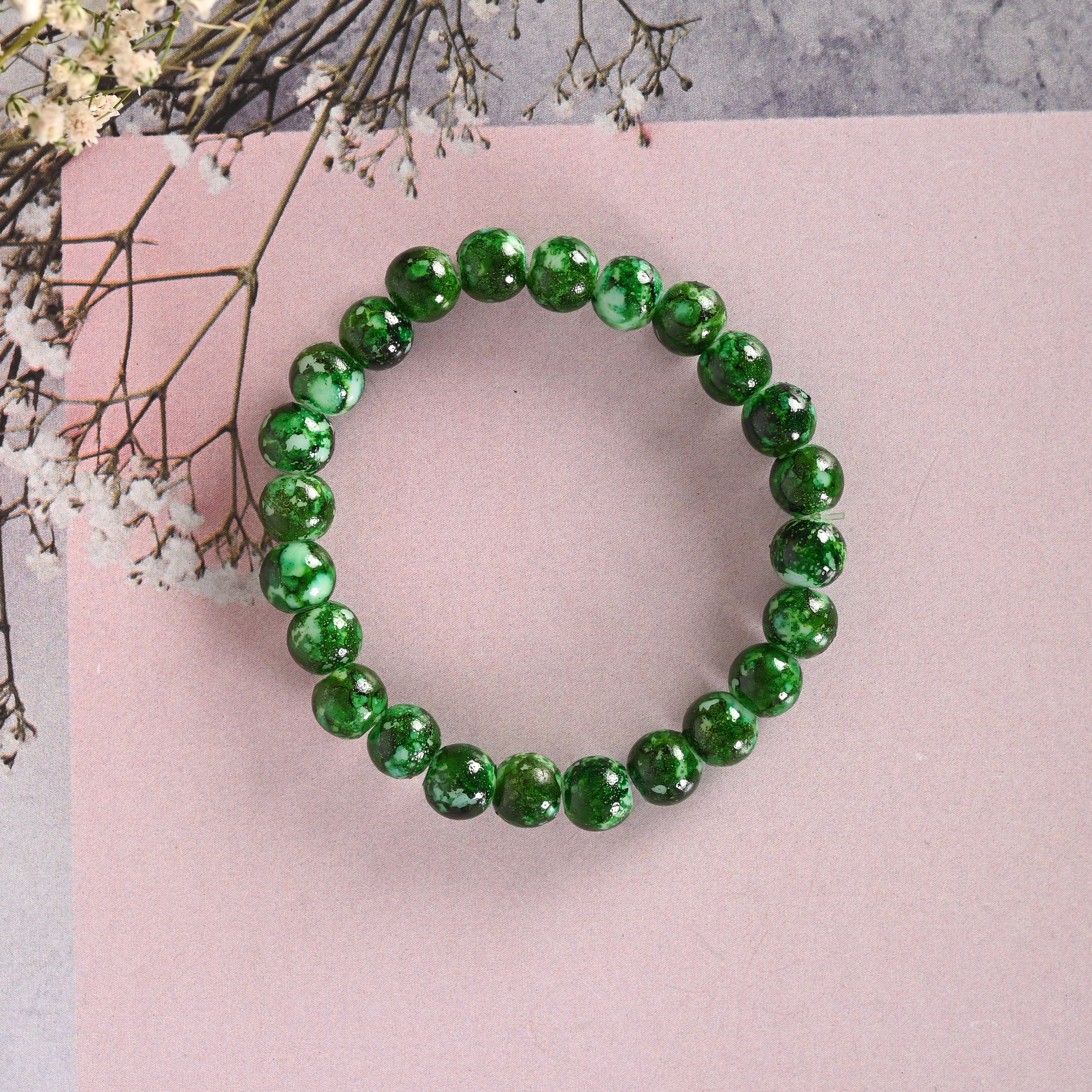 Unisex Green Marble Crystal Beaded Elasticated Bracelet