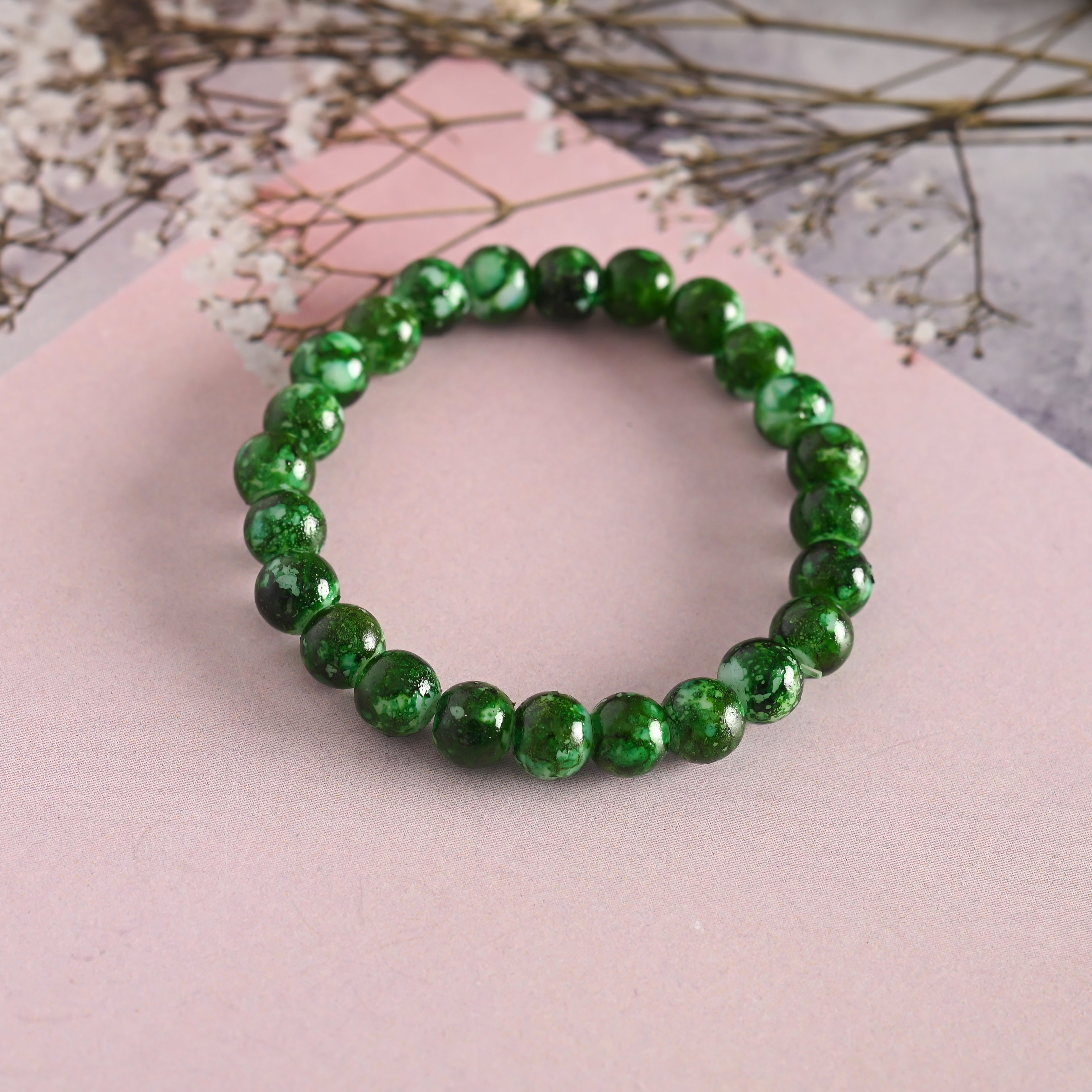 Unisex Green Marble Crystal Beaded Elasticated Bracelet