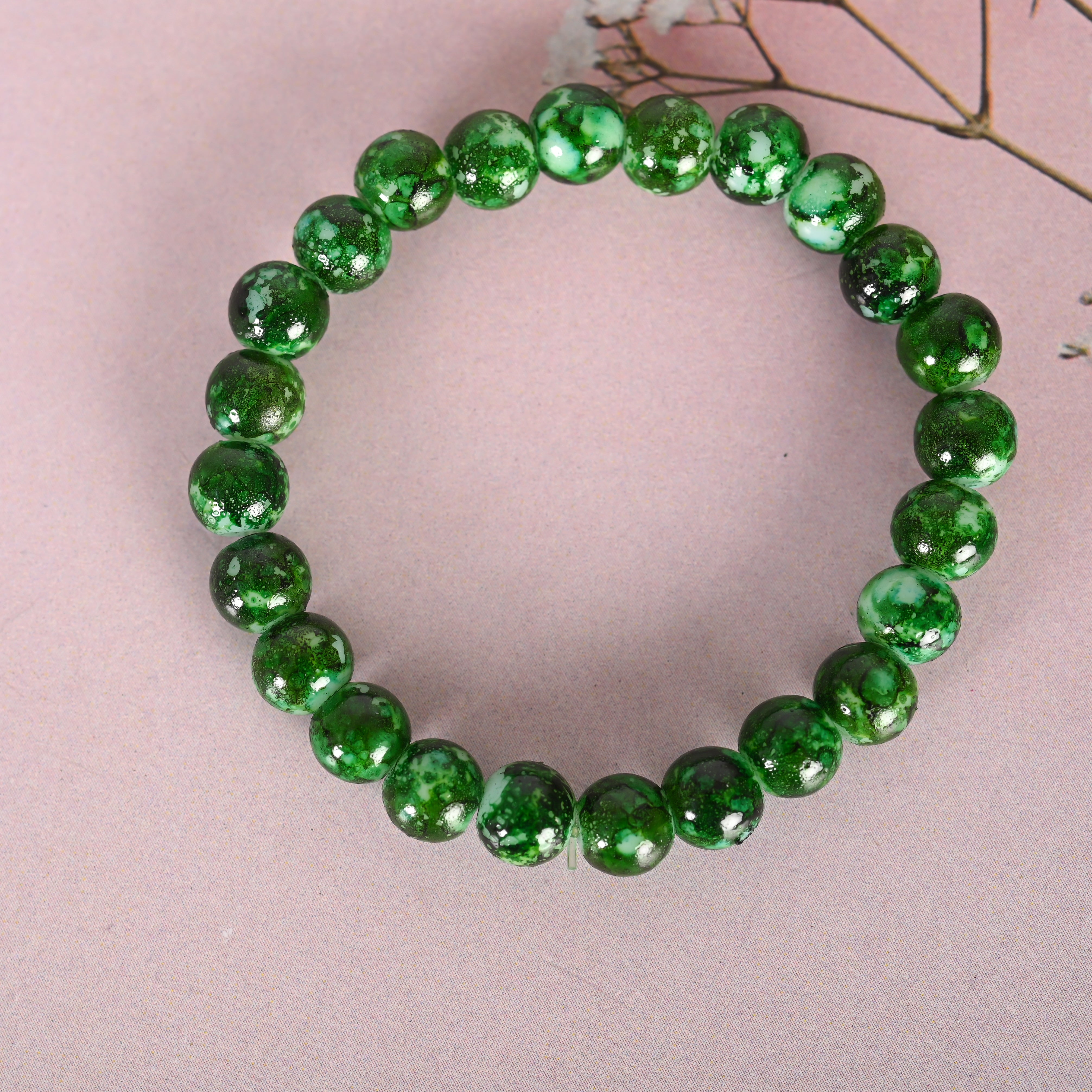 Unisex Green Marble Crystal Beaded Elasticated Bracelet - NVR