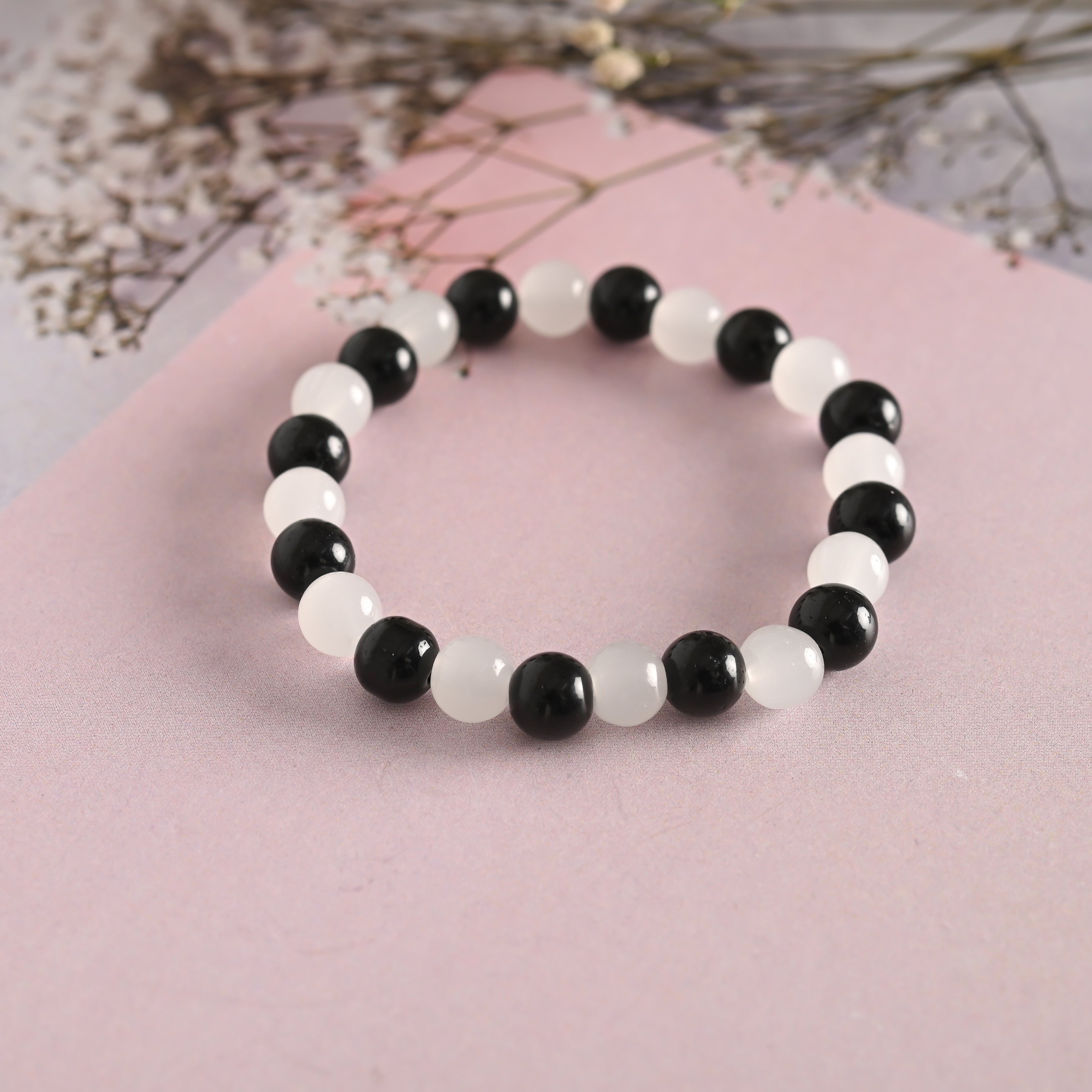Unisex White Marble Crystal Beaded Elasticated Bracelet