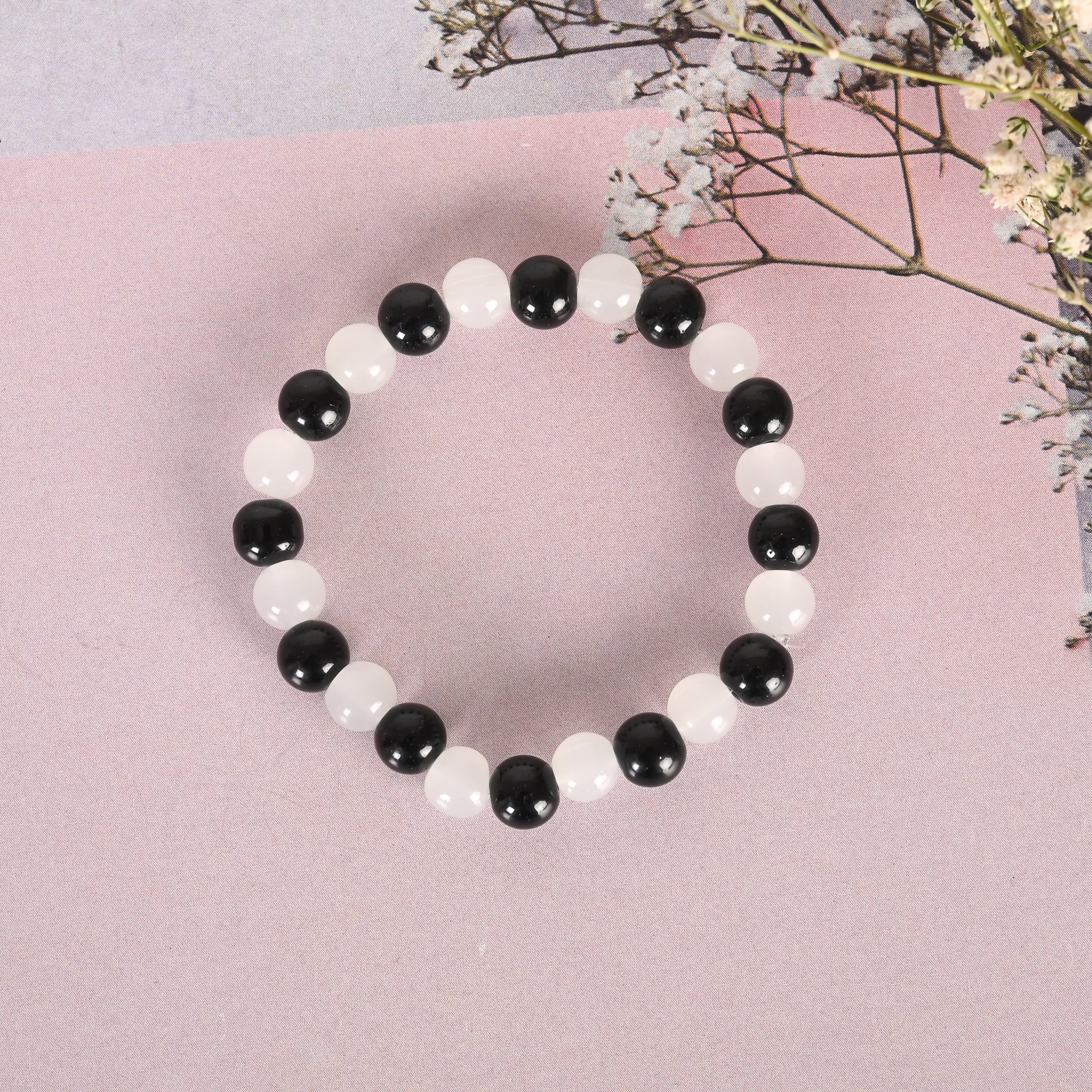Unisex White Marble Crystal Beaded Elasticated Bracelet