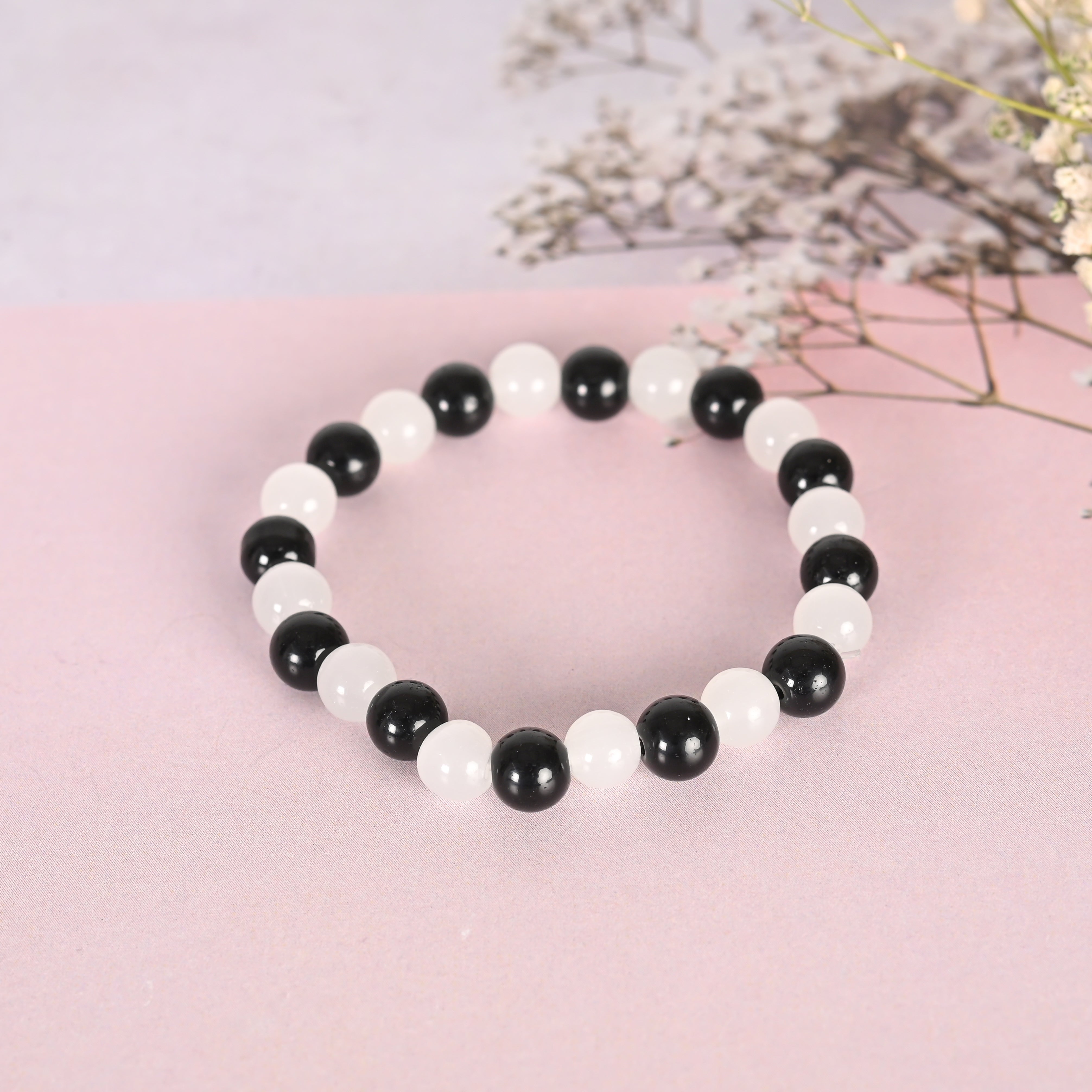 Unisex White Marble Crystal Beaded Elasticated Bracelet