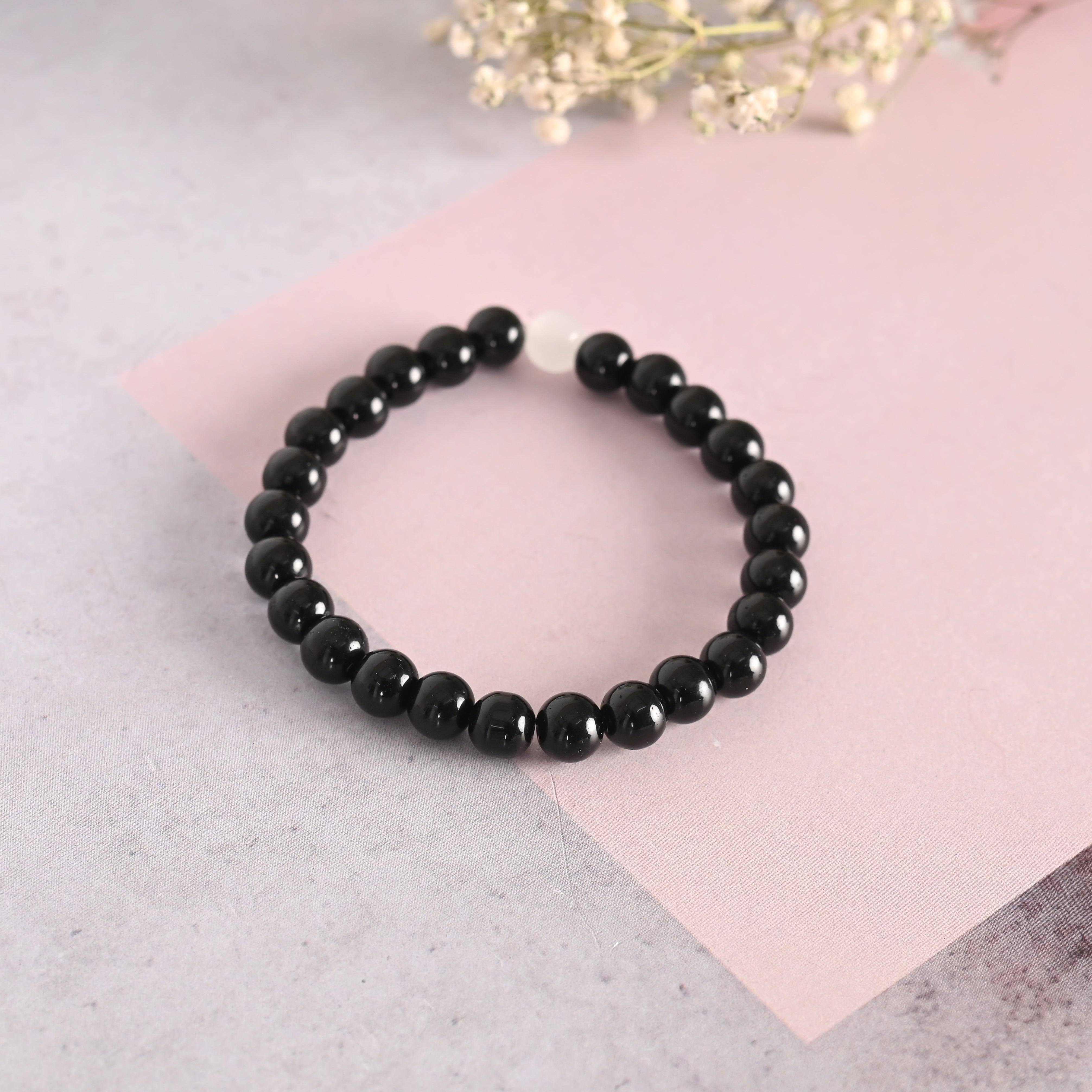 Unisex Black Marble Crystal Beaded Elasticated Bracelet