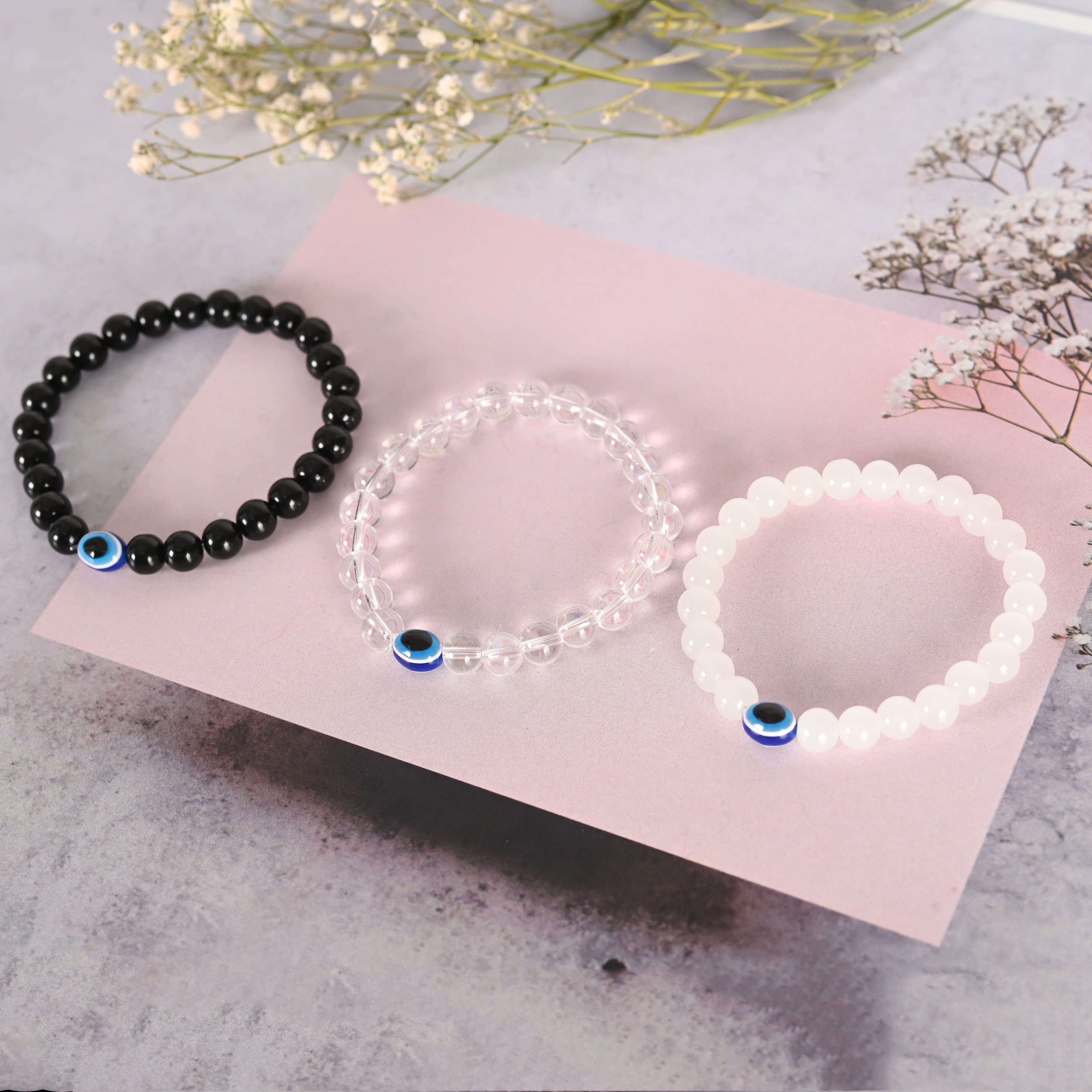 Unisex Transparent & White & Black Marbel Crystal Elasticated Bracelet