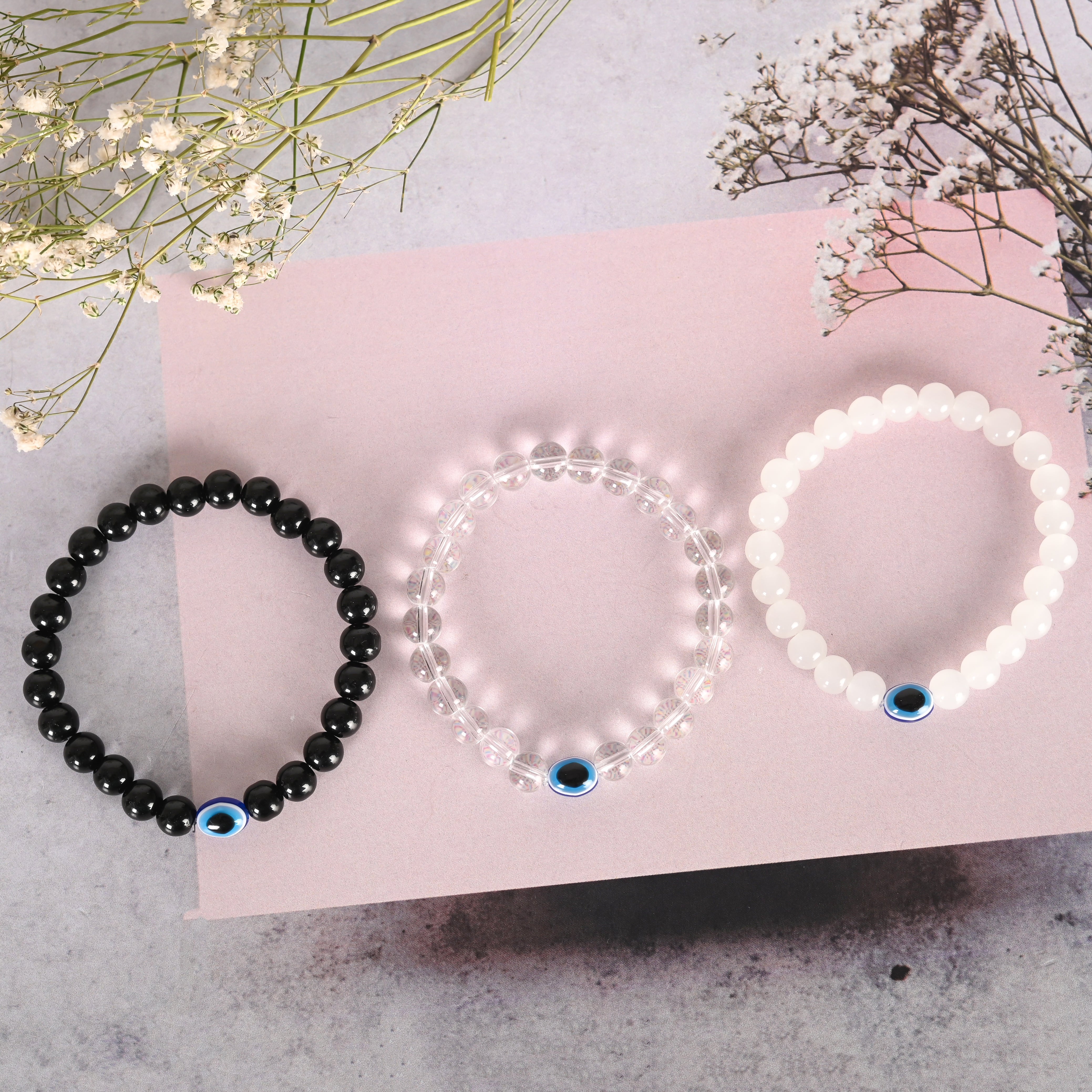 Unisex Transparent & White & Black Marbel Crystal Elasticated Bracelet