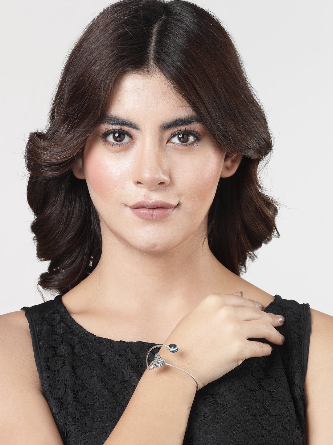 Women's Oxidised Rhodium-Plated Evil Eye Kada Bracelet