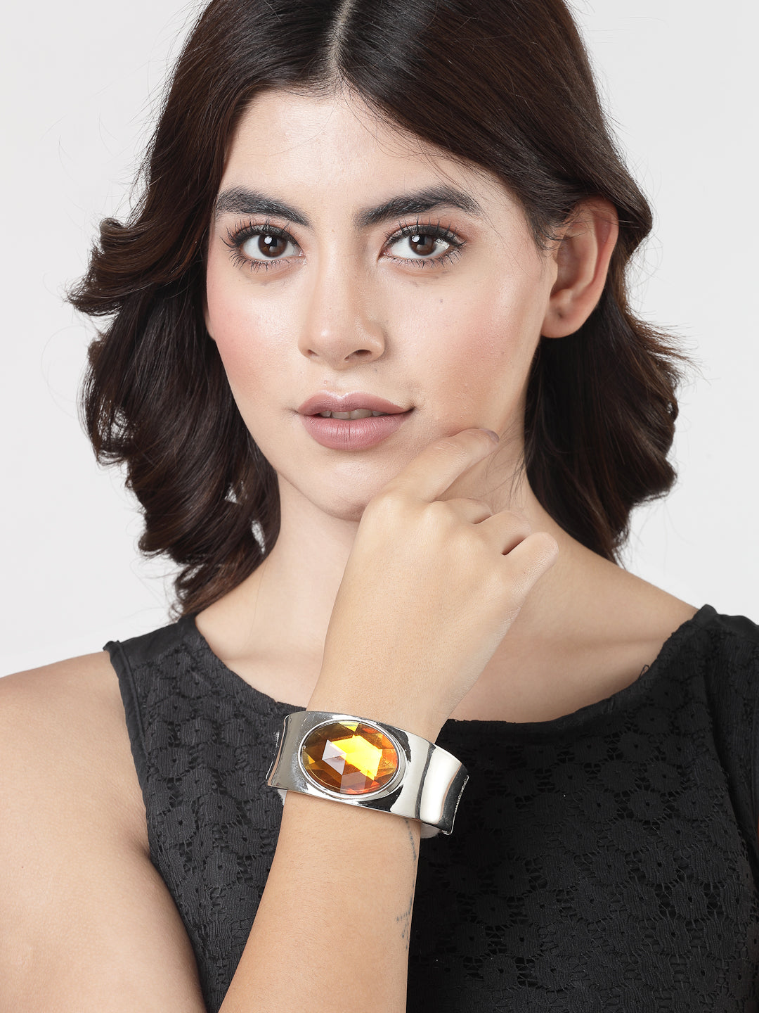 Women's Silver-Toned Topaz Rhodium-Plated Kada Bracelet