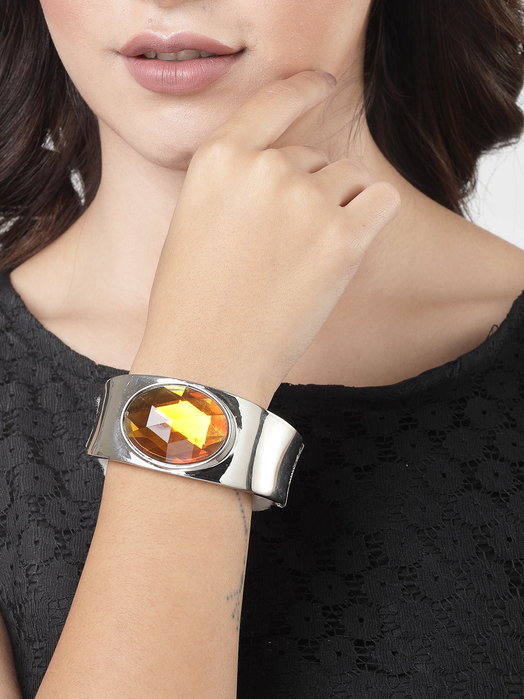 Women's Silver-Toned Topaz Rhodium-Plated Kada Bracelet