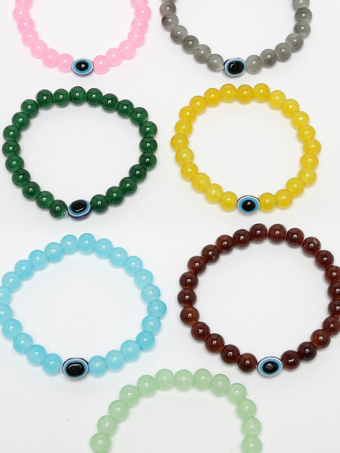 Unisex Set Of 7 Crystals Beaded Evil Eye Elasticated Bracelet