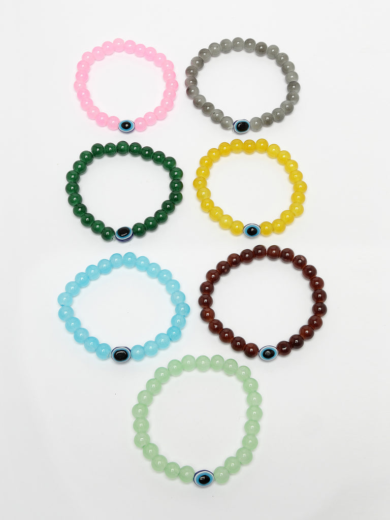 Unisex Set Of 7 Crystals Beaded Evil Eye Elasticated Bracelet