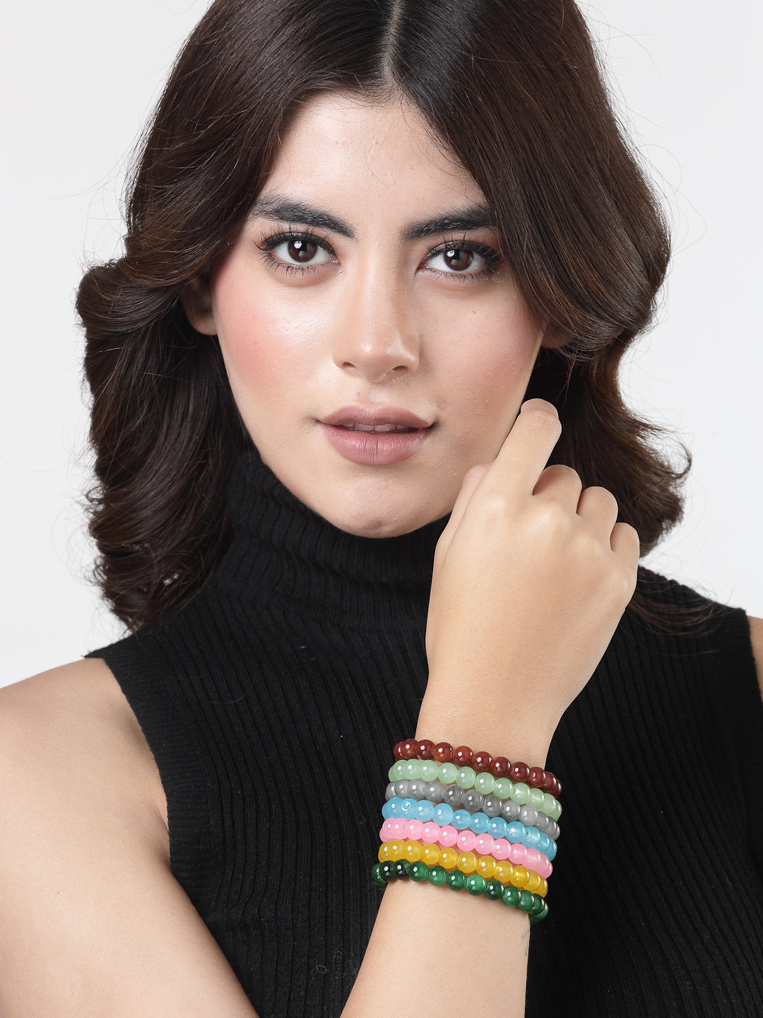 Unisex Set Of 7 Artificial Beads Elasticated Bracelet