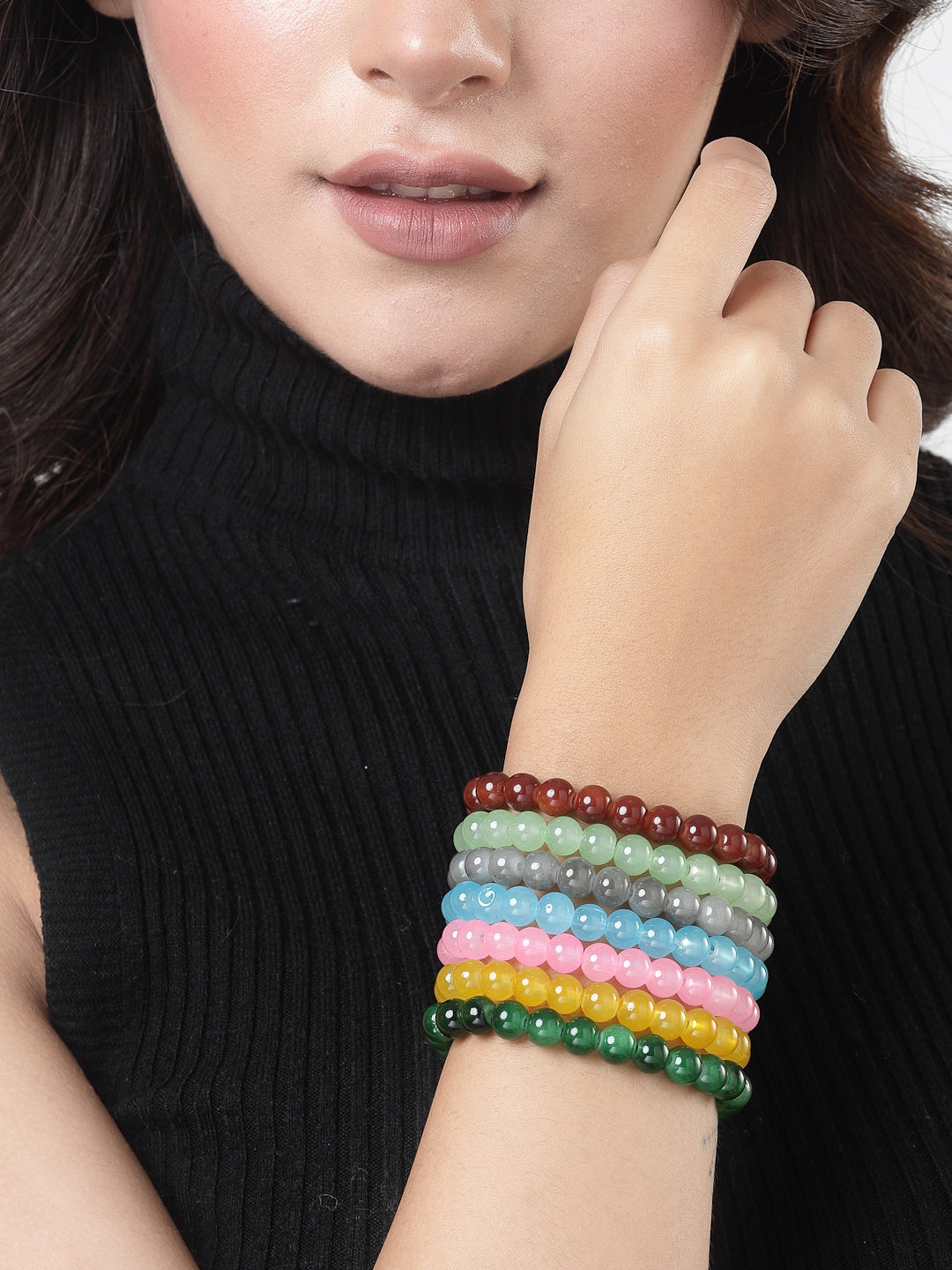Unisex Set Of 7 Artificial Beads Elasticated Bracelet