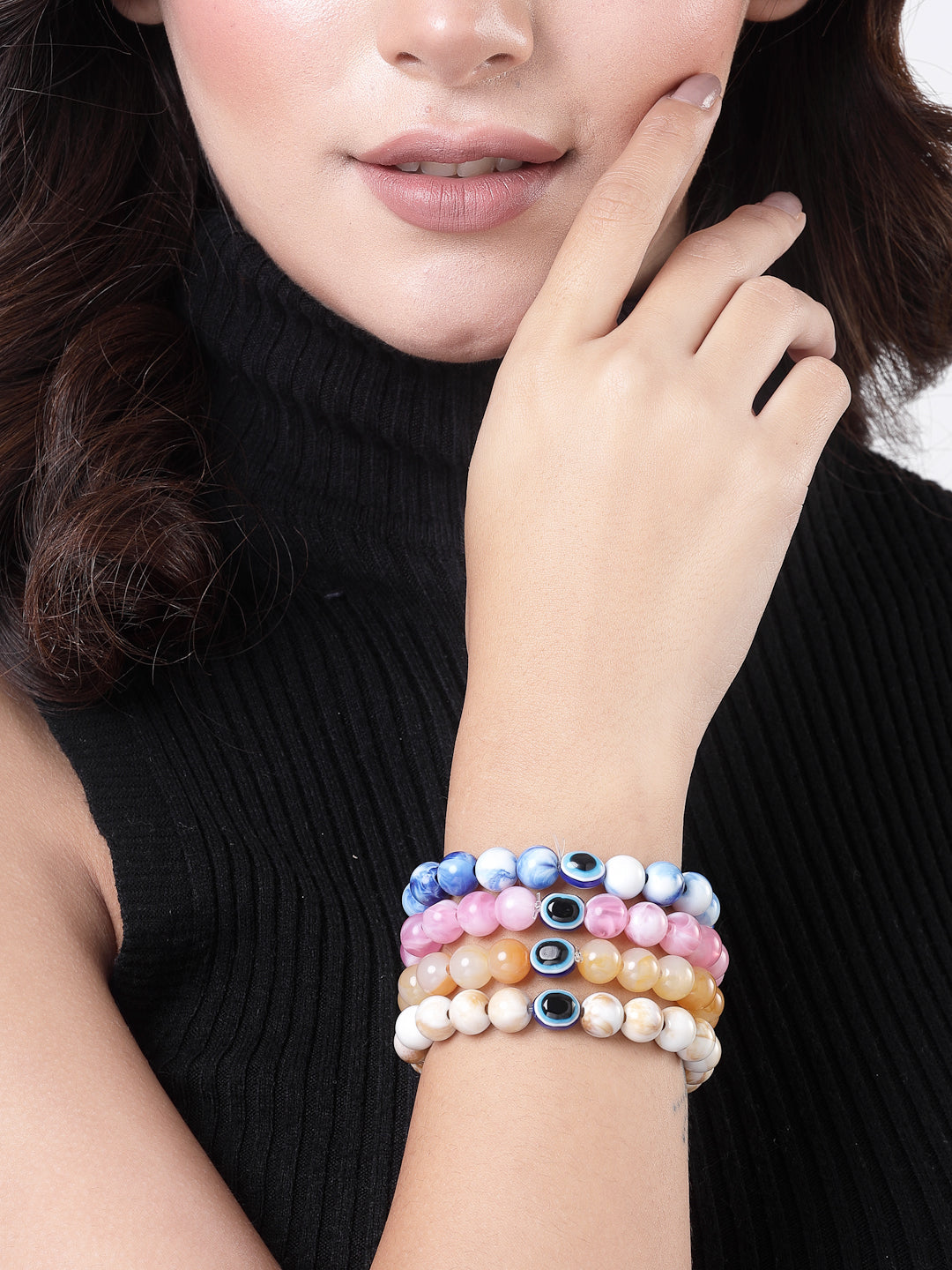 Unisex Set Of 4 Artificial Beads-Beaded Evil Eye Elasticated Bracelet