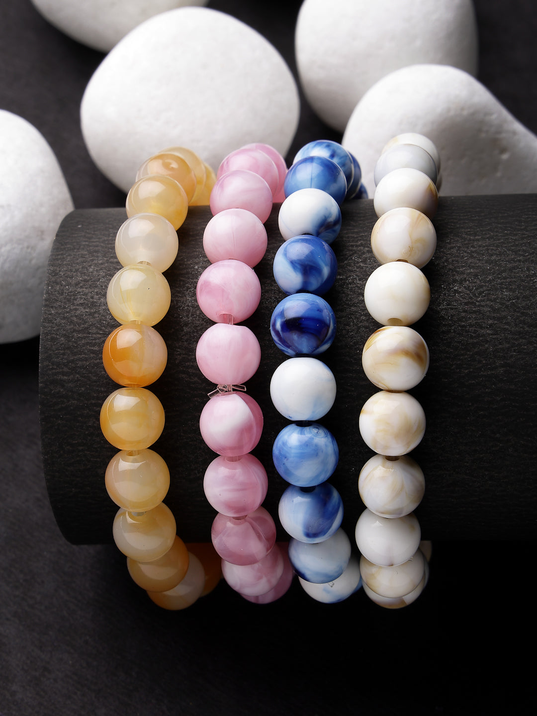 Unisex Set Of 4 Artificial Beads-Beaded Evil Eye Elasticated Bracelet - NVR