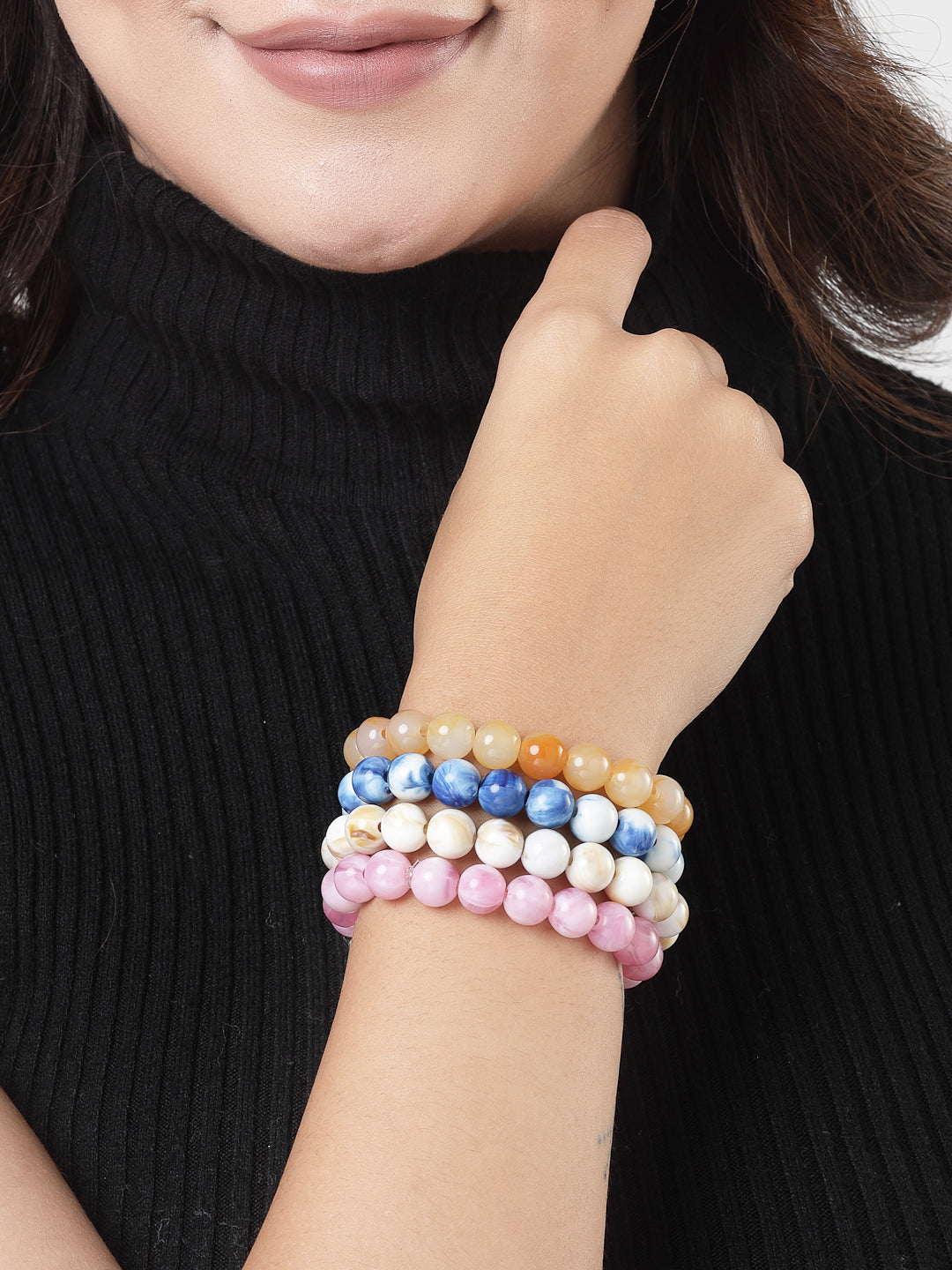 Unisex Set Of 4 Artificial Beads-Beaded Evil Eye Elasticated Bracelet