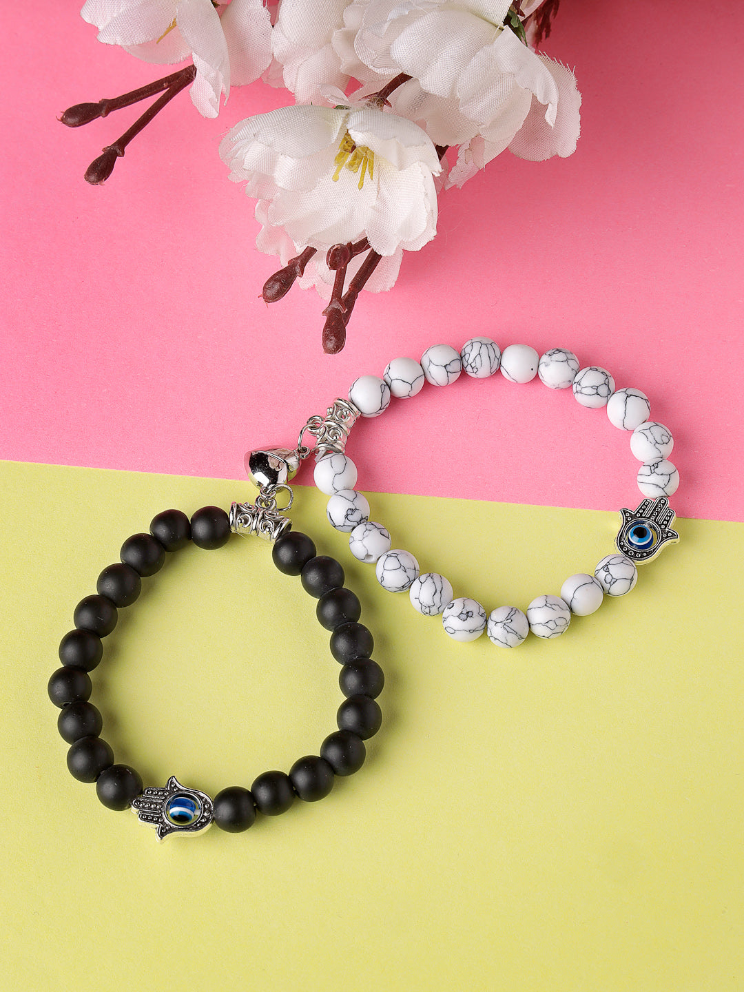 Unisex Set of 2 Black & White Marbel Crystal Bracelet