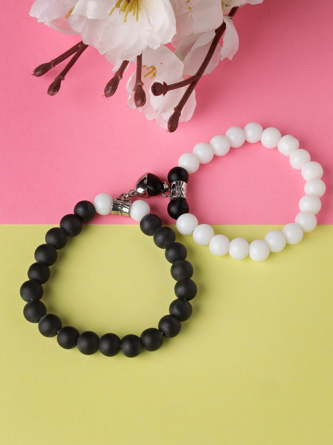Unisex Set Of 2 Black & White Onyx Handcrafted Elasticated Bracelet