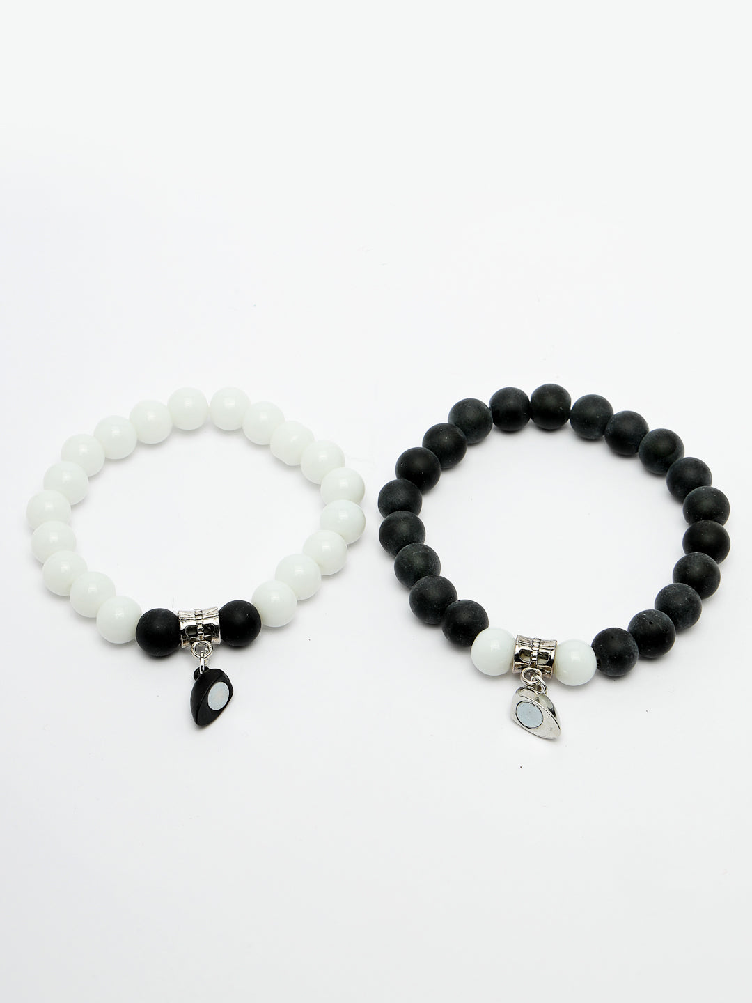 Unisex Set Of 2 Black & White Onyx Handcrafted Elasticated Bracelet