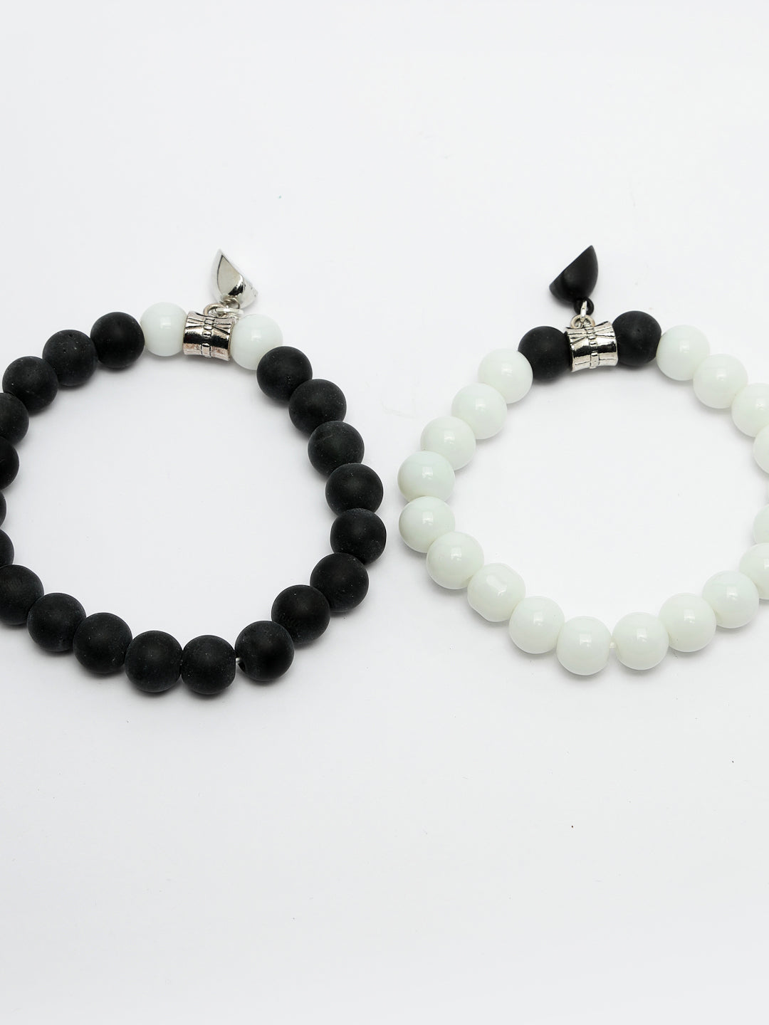 Unisex Set Of 2 Black & White Onyx Handcrafted Elasticated Bracelet