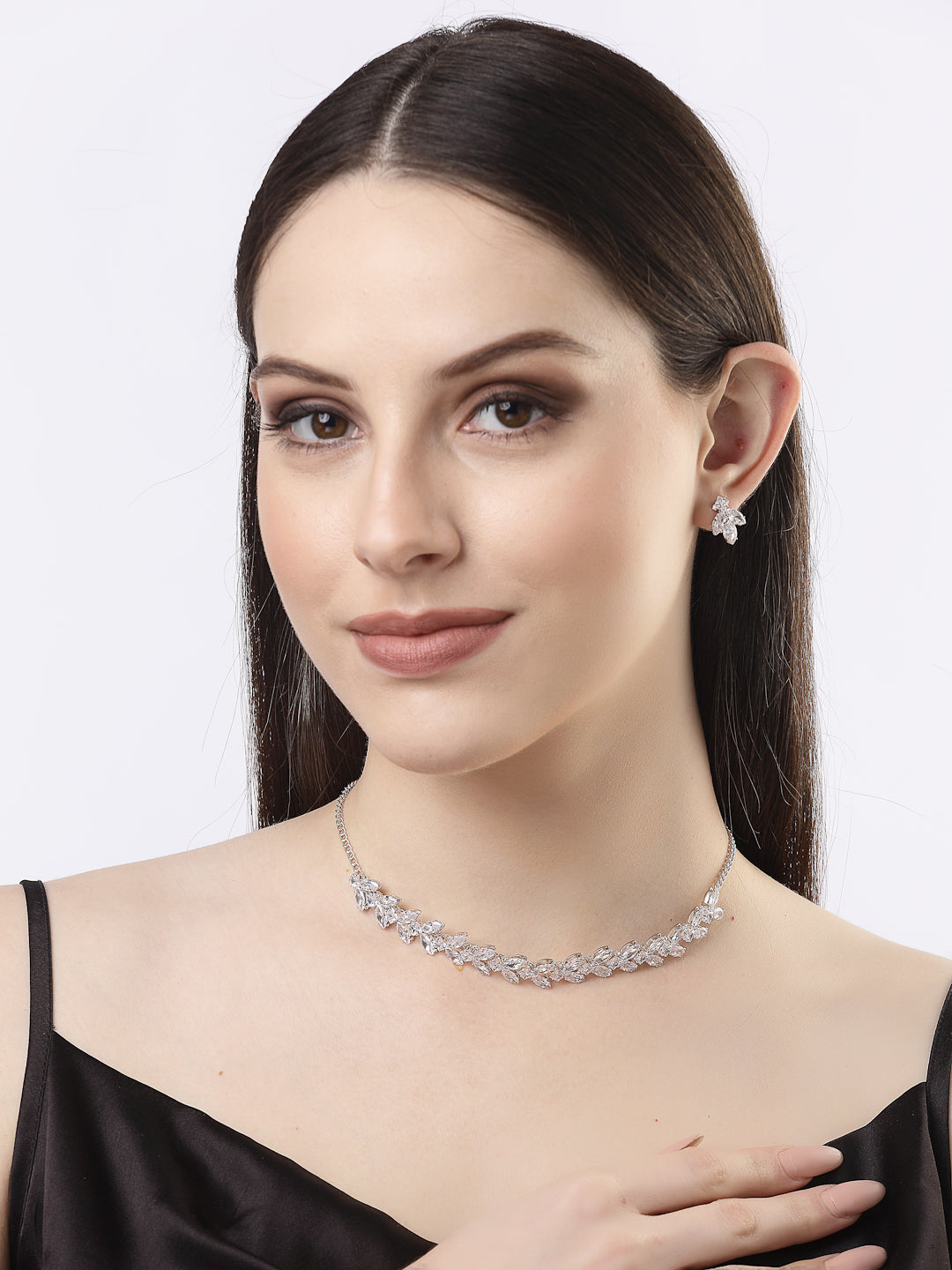 Women's Silver-Plated American Diamond Jewellery Set Necklace & Earrings
