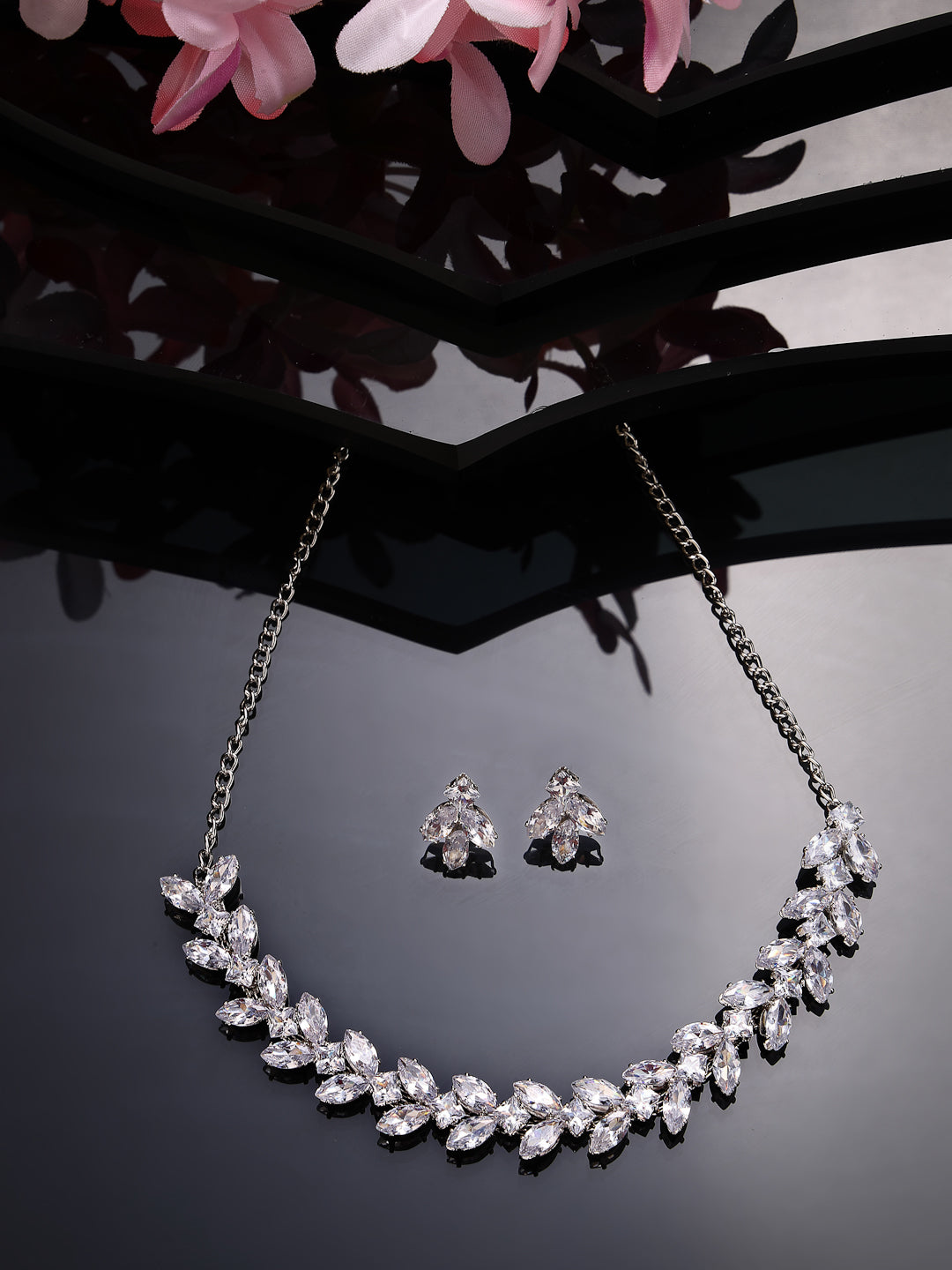 Women's Silver-Plated American Diamond Jewellery Set Necklace & Earrings - NVR