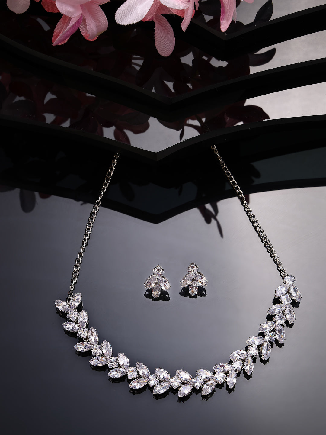 Women's Silver-Plated American Diamond Jewellery Set Necklace & Earrings
