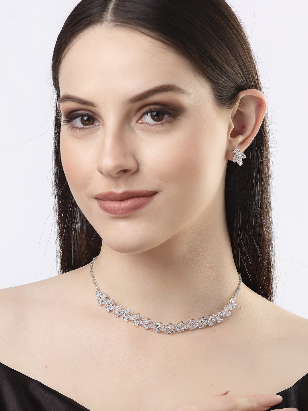 Women's Silver-Plated American Diamond Jewellery Set Necklace & Earrings