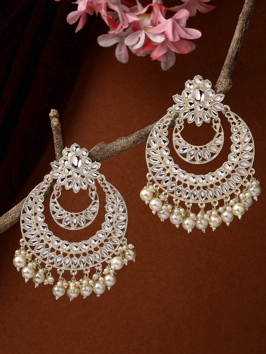 Women's Gold-Plated Kundan Handcrafted Chandbalis Earrings - NVR