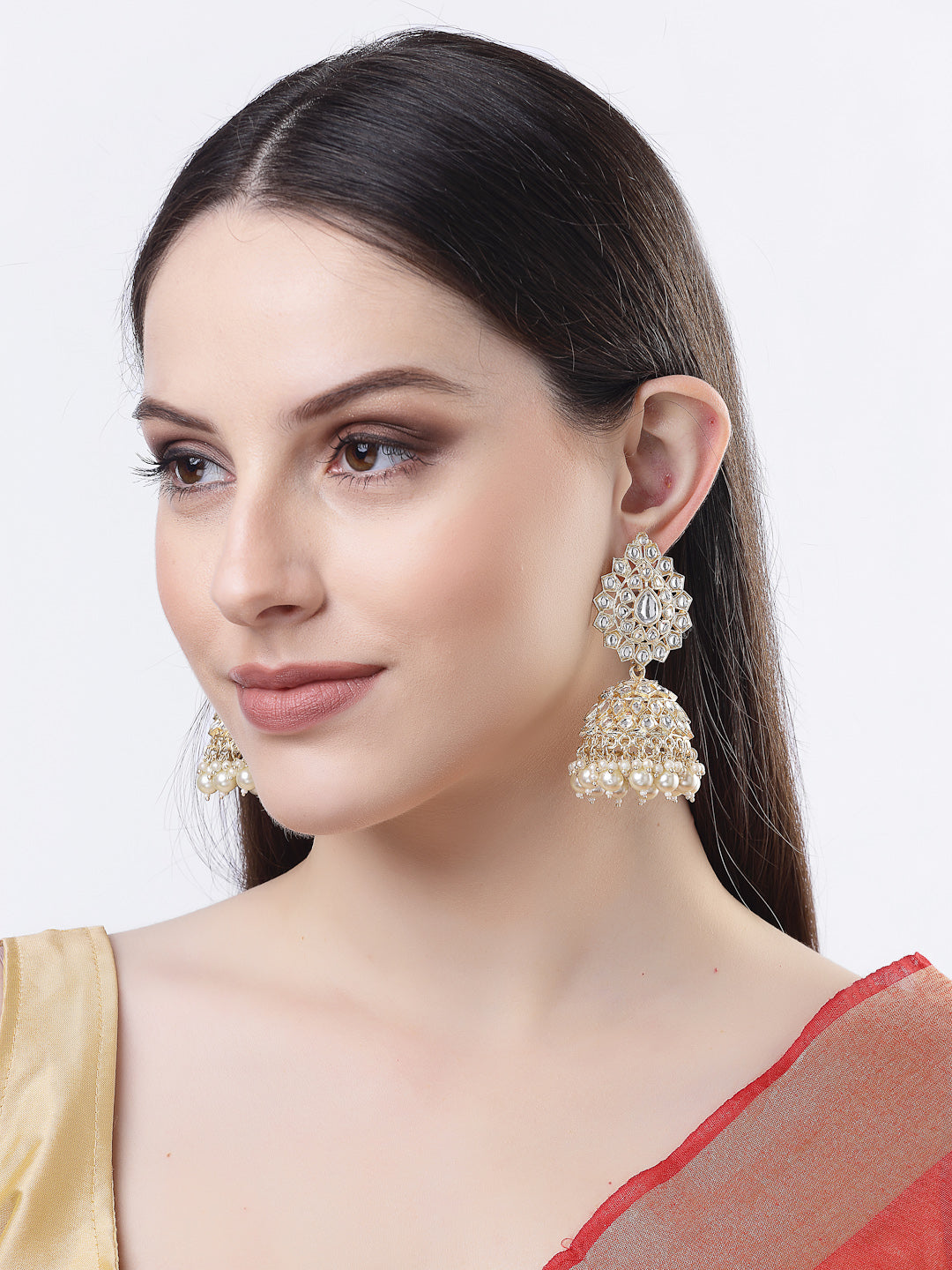 Women's Gold-Plated Handcrafted Kundan Jhumka Earrings