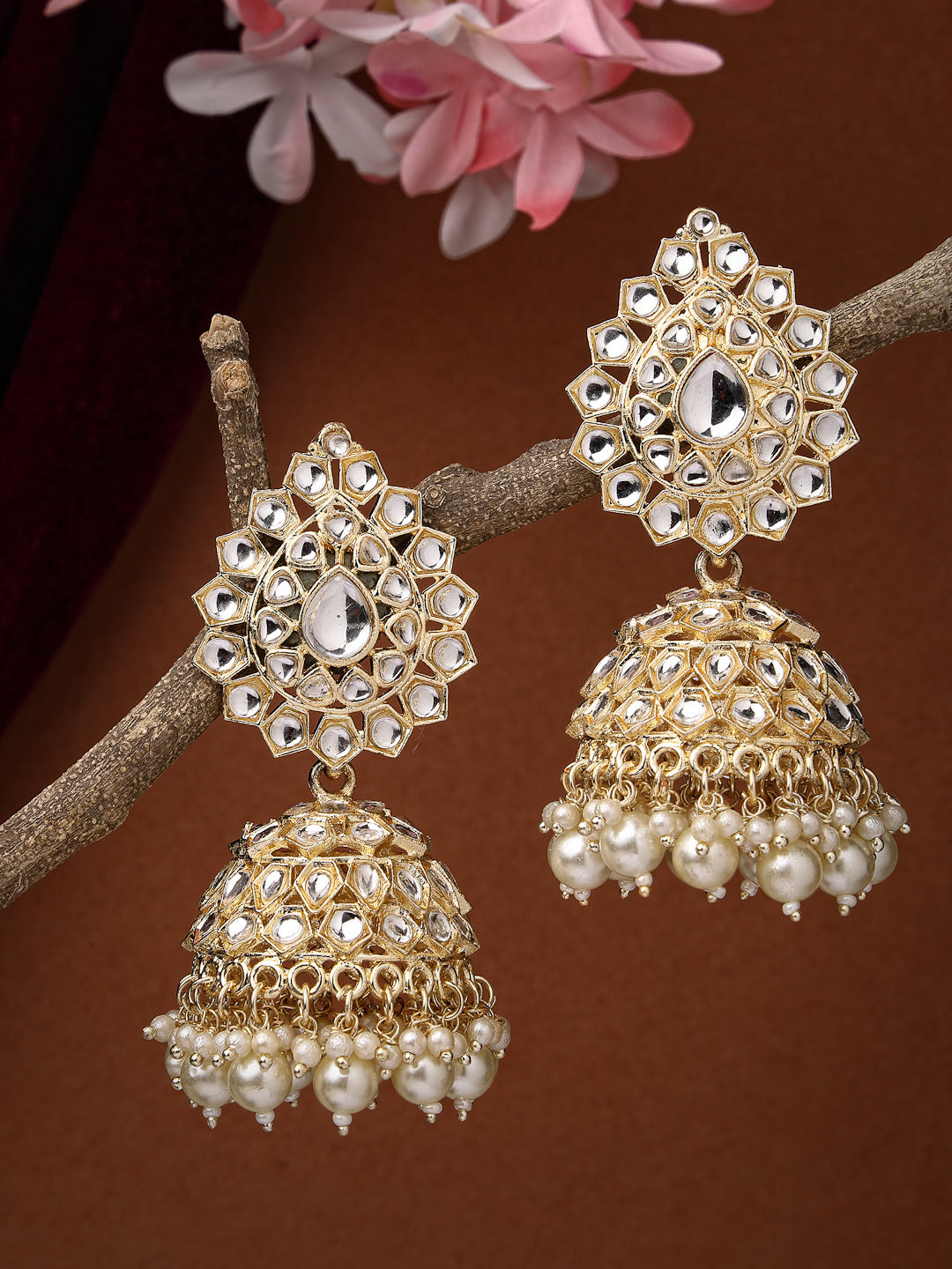 Women's Gold-Plated Handcrafted Kundan Jhumka Earrings - NVR