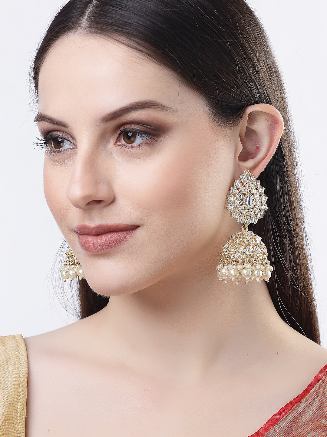 Women's Gold-Plated Handcrafted Kundan Jhumka Earrings