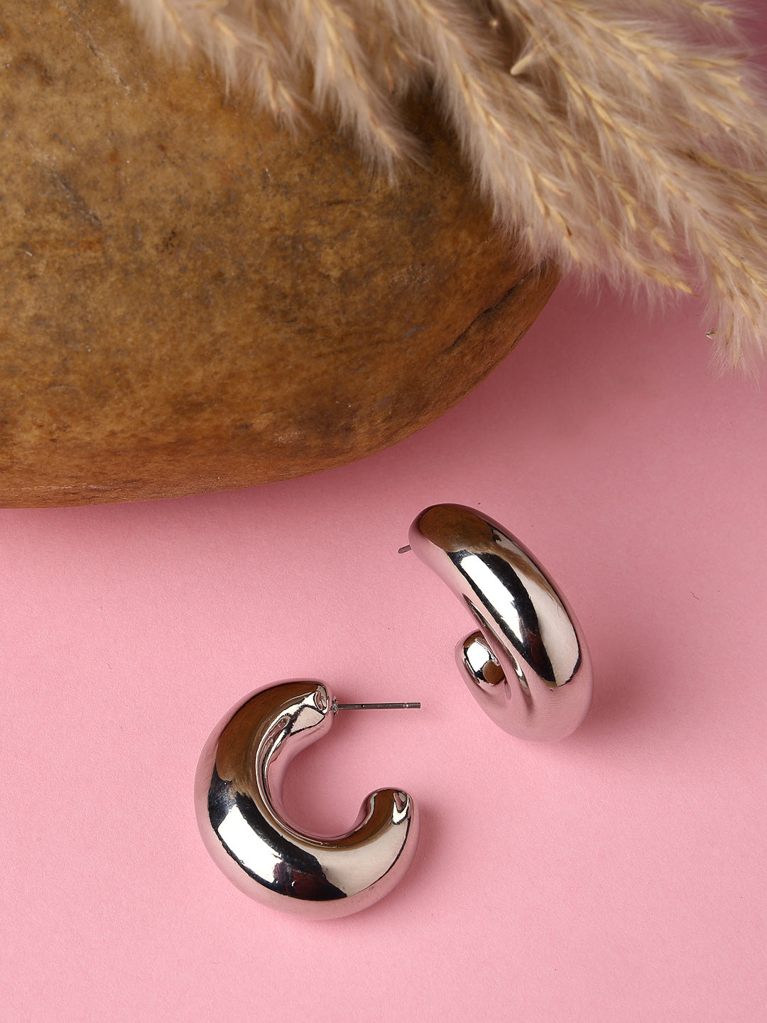 Women's Silver-Plated Circular-Shaped Half Hoop Earrings
