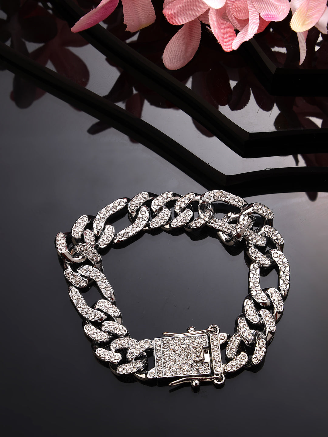 Men's Silver-Plated Stainless Steel American Diamond Studded Link Bracelet - NVR