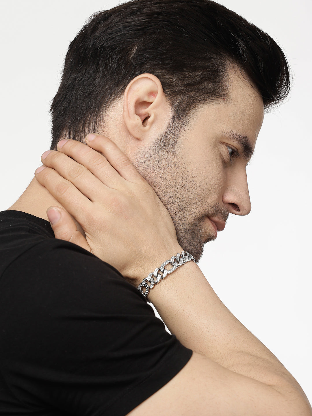 Men's Silver-Plated Stainless Steel American Diamond Studded Link Bracelet