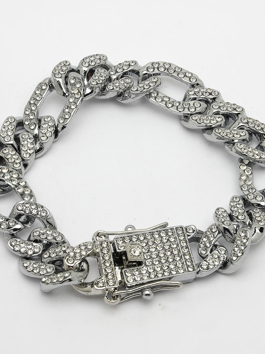 Men's Silver-Plated Stainless Steel American Diamond Studded Link Bracelet - NVR